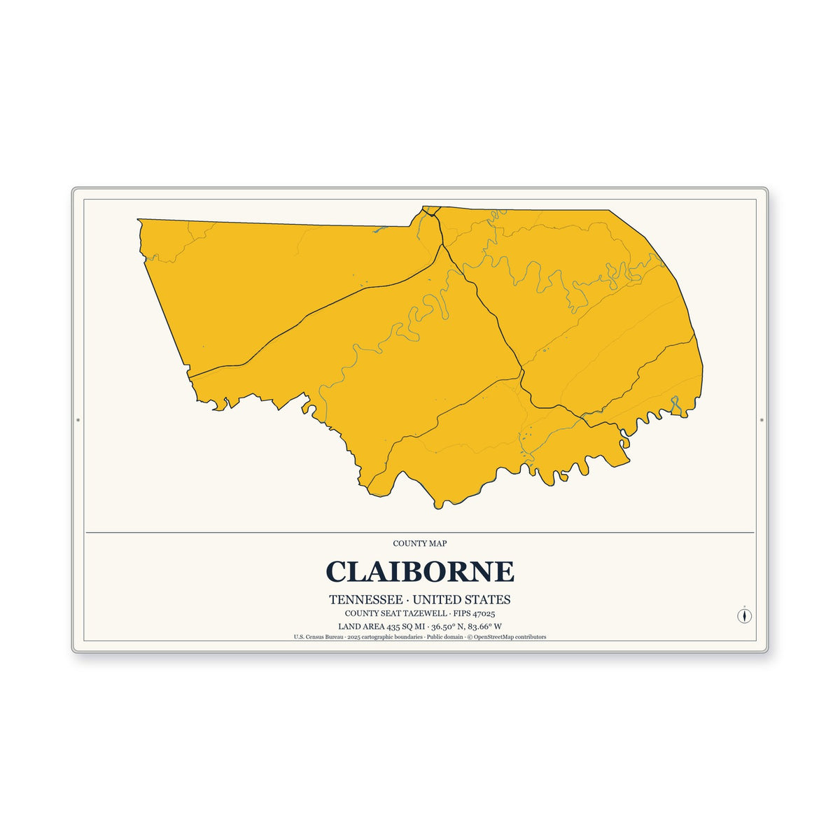 Claiborne County, Tennessee Map Aluminum Sign in Citrine Modern style