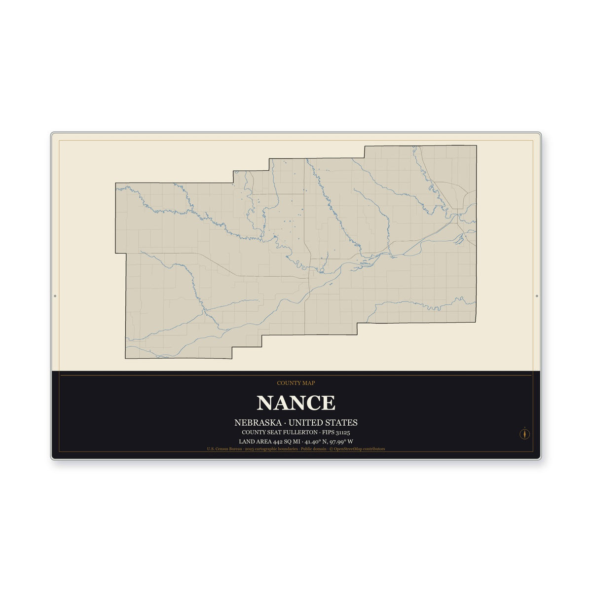 Nance County, Nebraska Map Aluminum Sign in Museum Plaque style