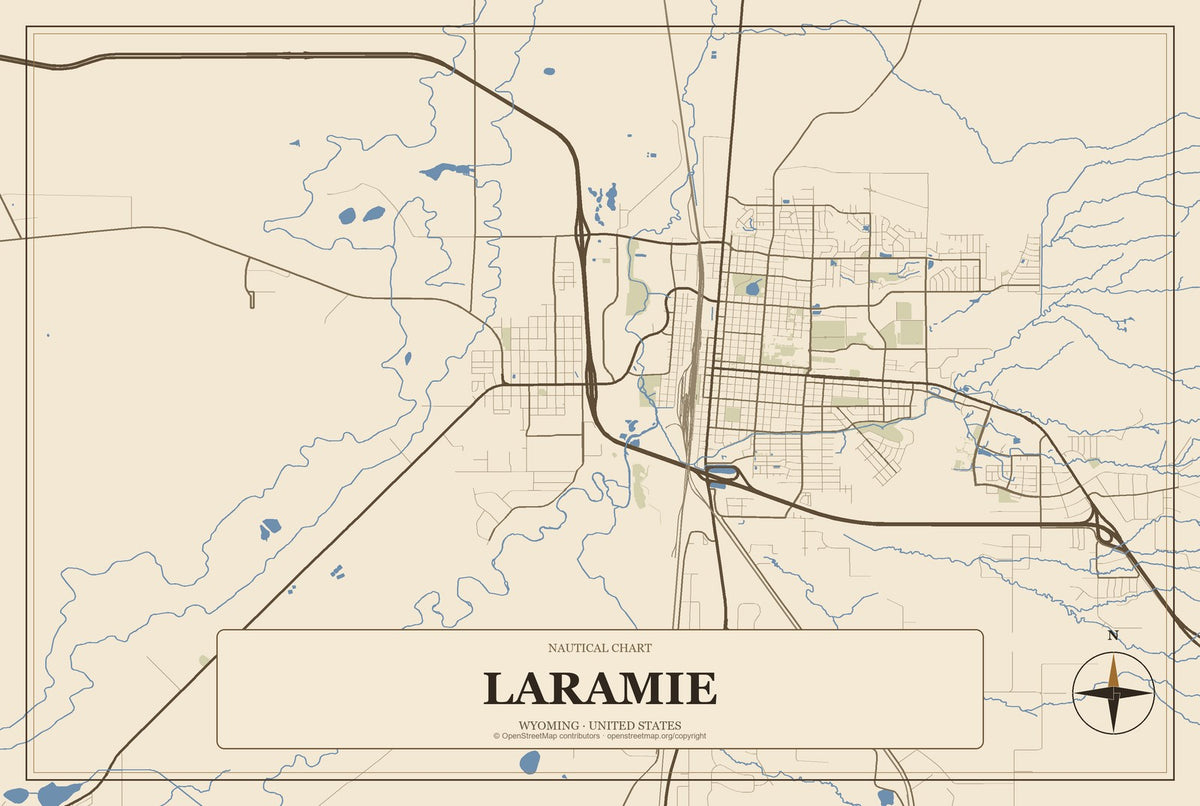 Laramie, Wyoming City Map Aluminum Sign in Heritage Nautical style