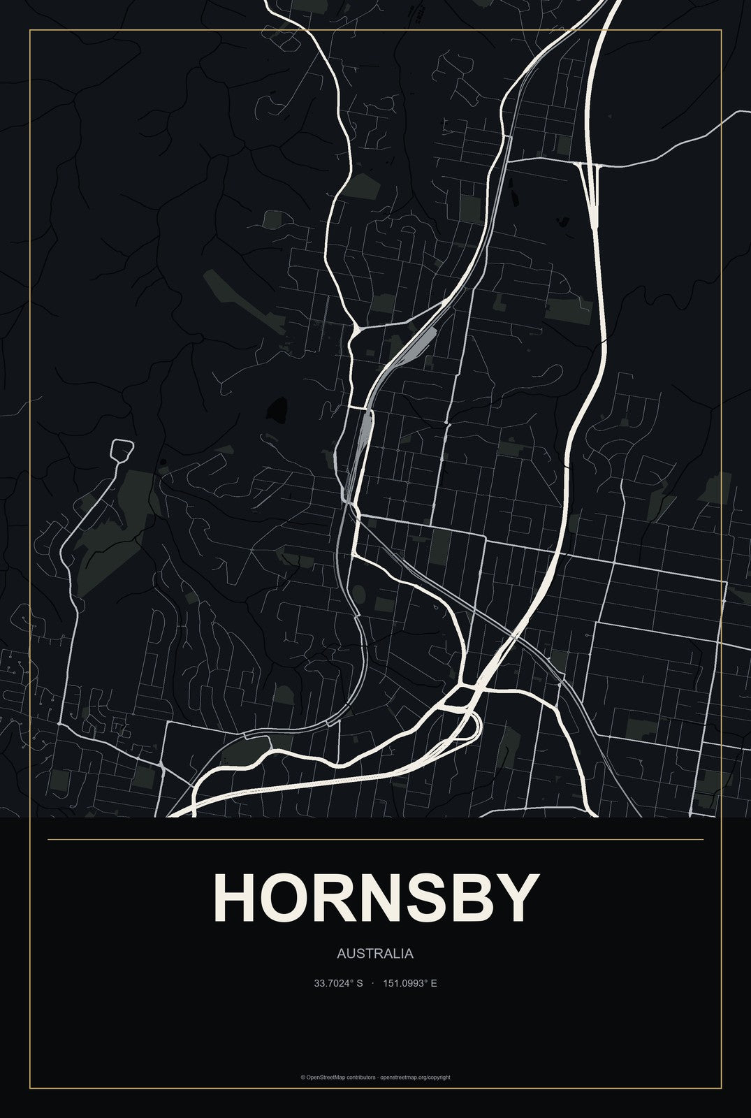 Hornsby, Australia City Map Aluminum Sign in Metropolitan Noir style