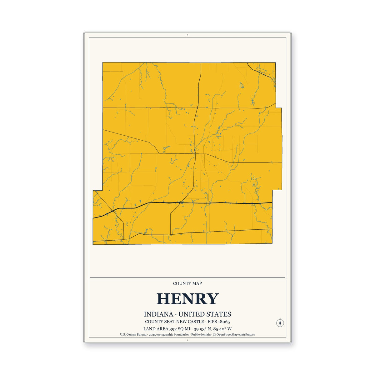 Henry County, Indiana Map Aluminum Sign in Citrine Modern style