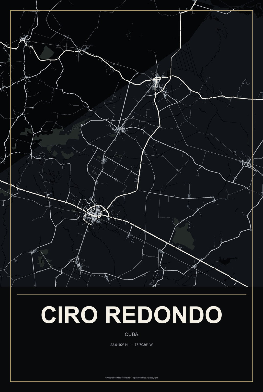 Ciro Redondo, Cuba City Map Aluminum Sign in Metropolitan Noir style