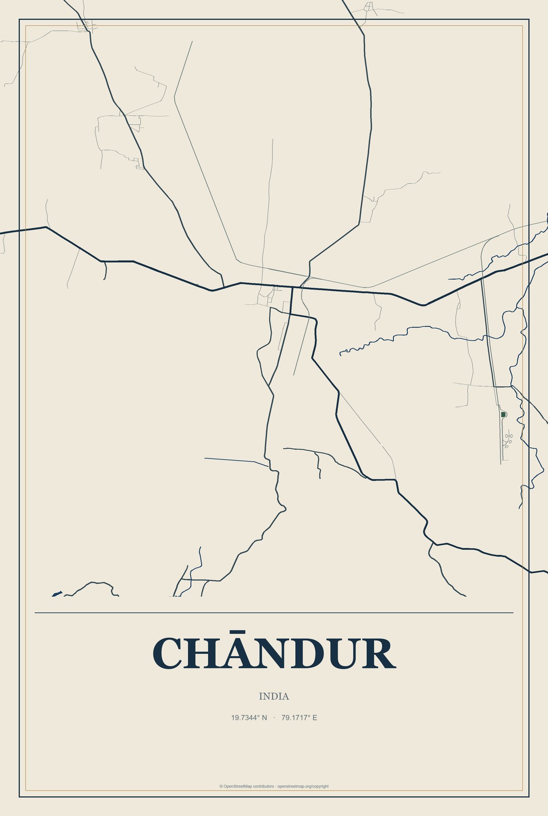Chāndur, India City Map Aluminum Sign in Coastal Cutout style