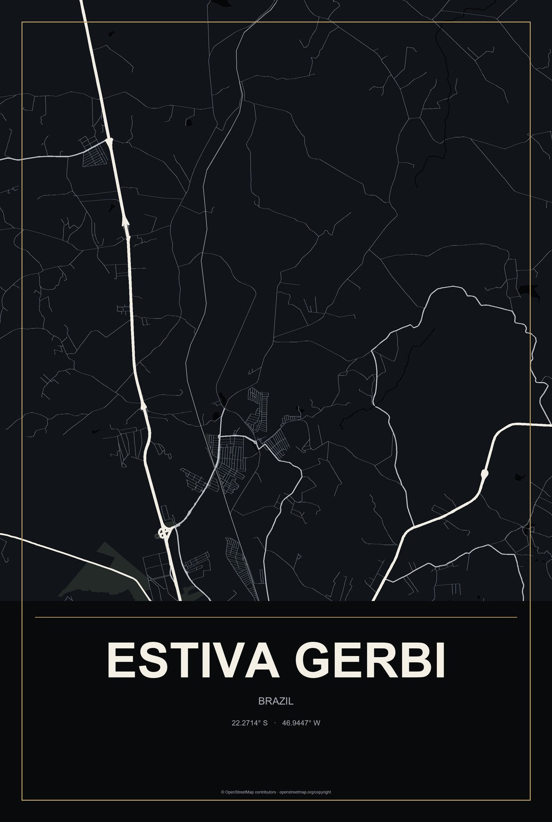 Estiva Gerbi, Brazil City Map Aluminum Sign in Metropolitan Noir style