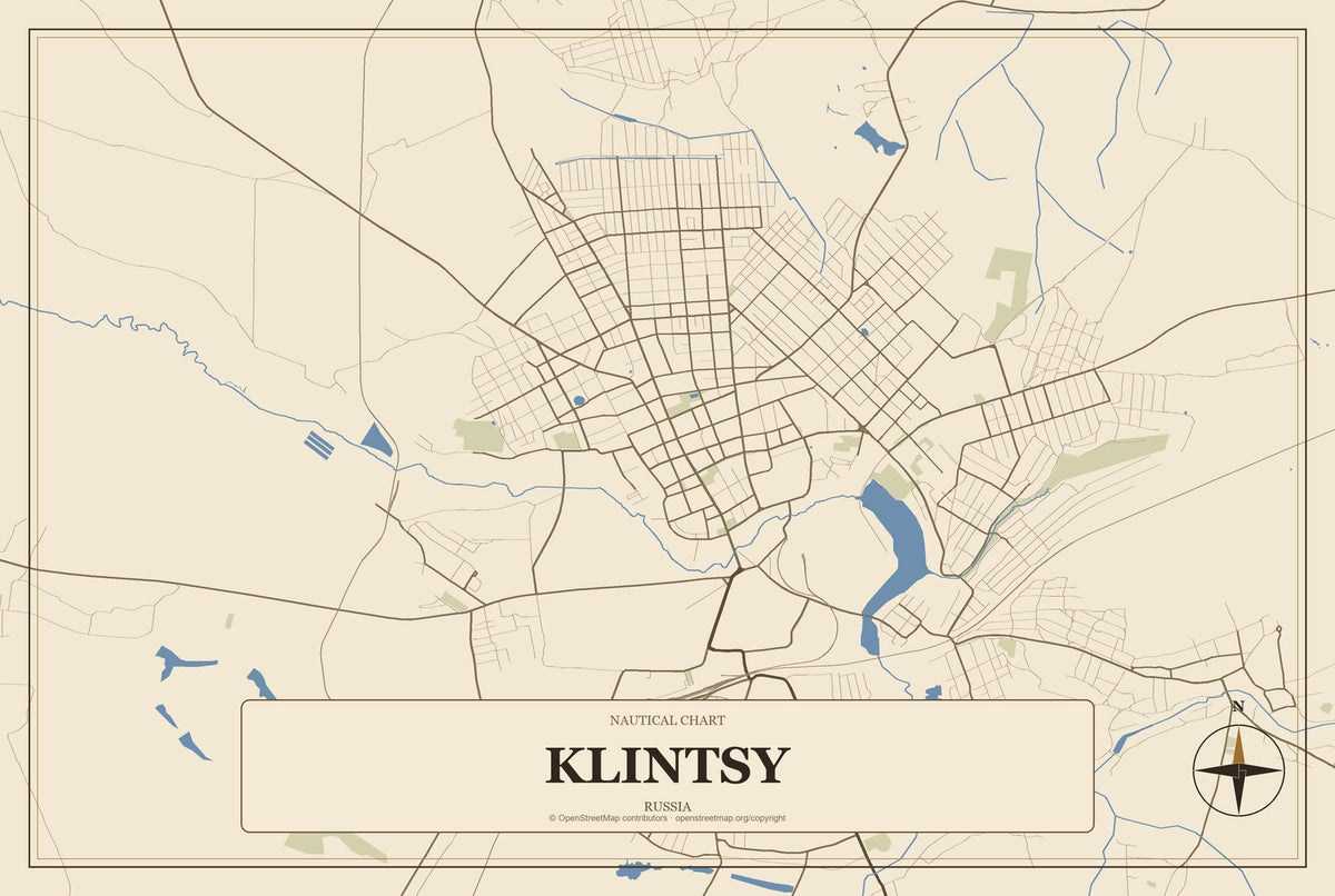 Klintsy, Russia City Map Aluminum Sign in Heritage Nautical style