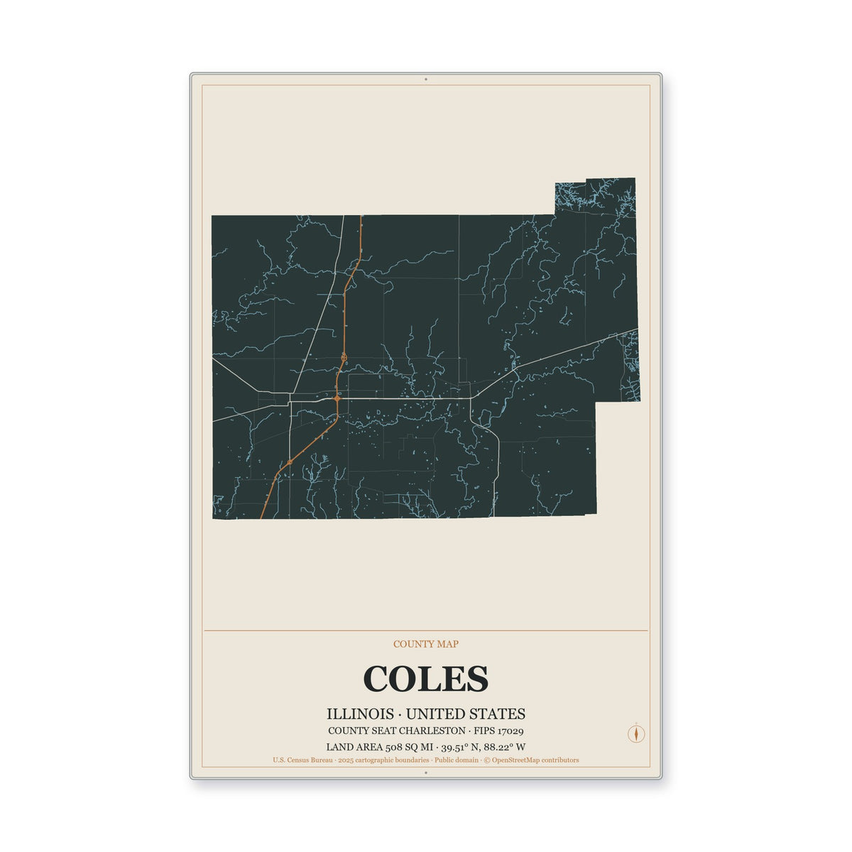 Coles County, Illinois Map Aluminum Sign in Headline Atlas style