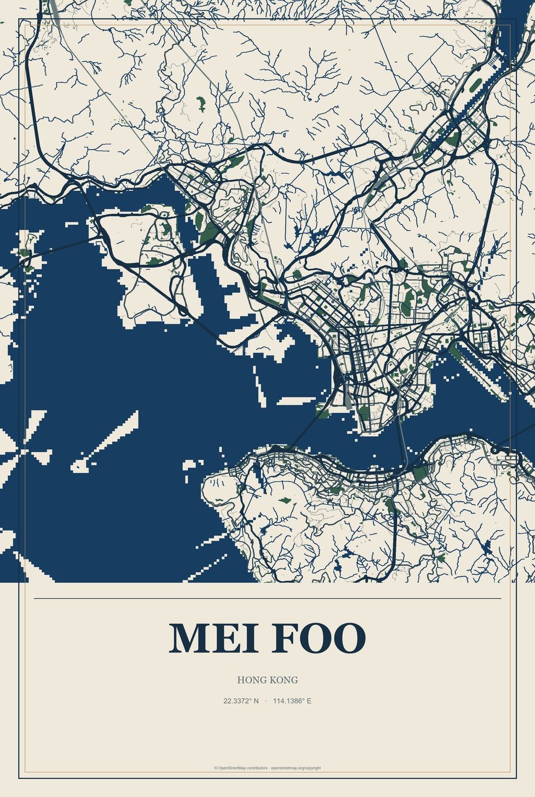 Mei Foo, Hong Kong City Map Aluminum Sign in Coastal Cutout style