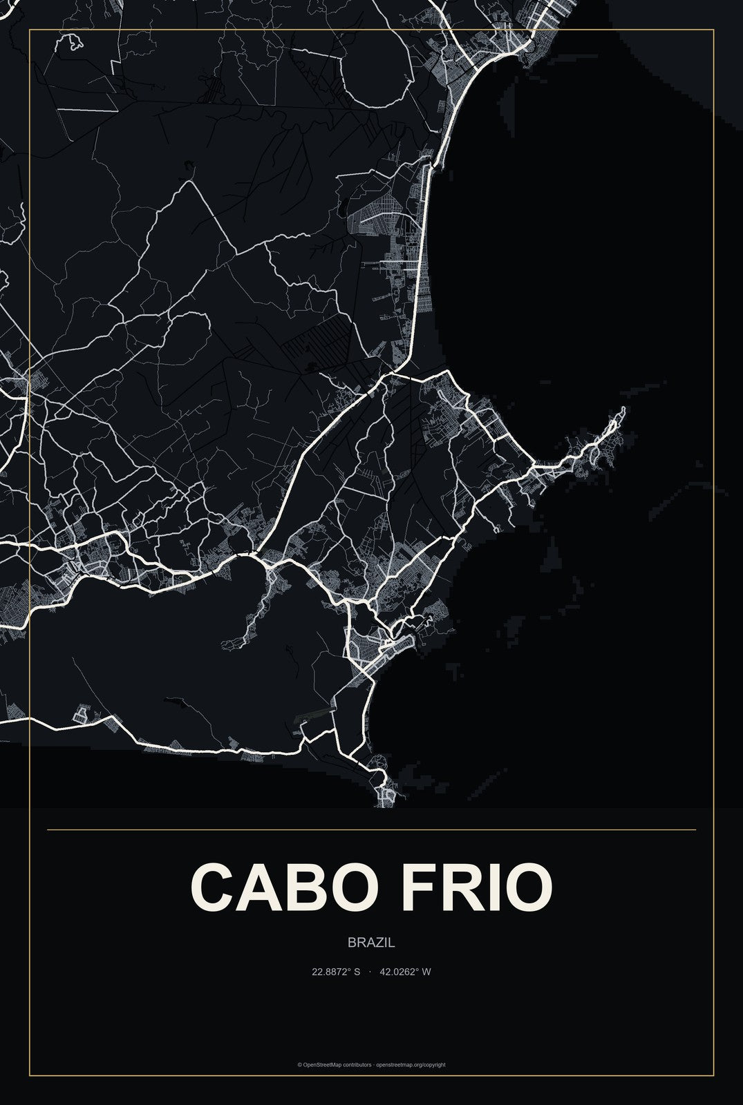 Cabo Frio, Brazil City Map Aluminum Sign in Metropolitan Noir style