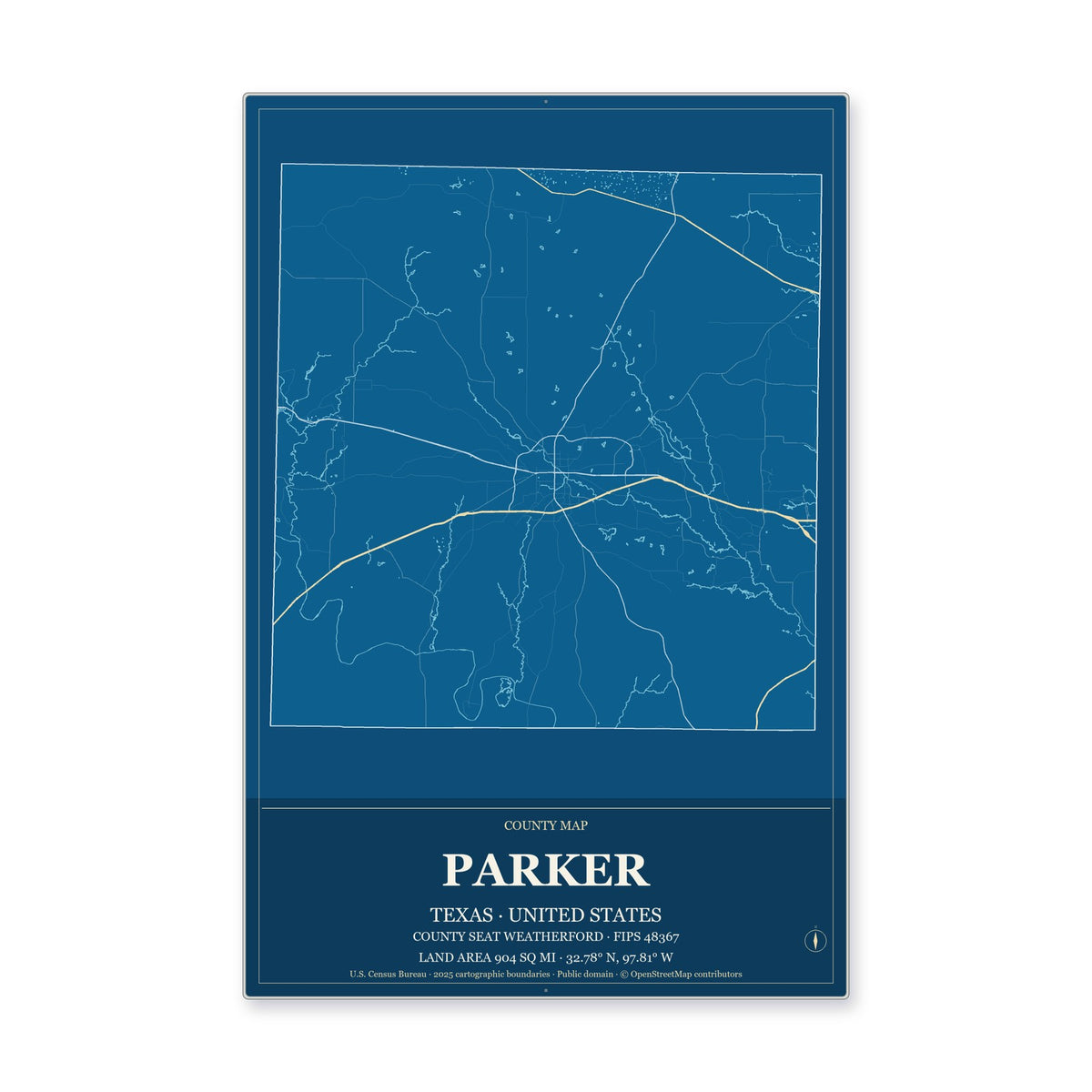 Parker County, Texas Map Aluminum Sign in Harbor Cobalt style