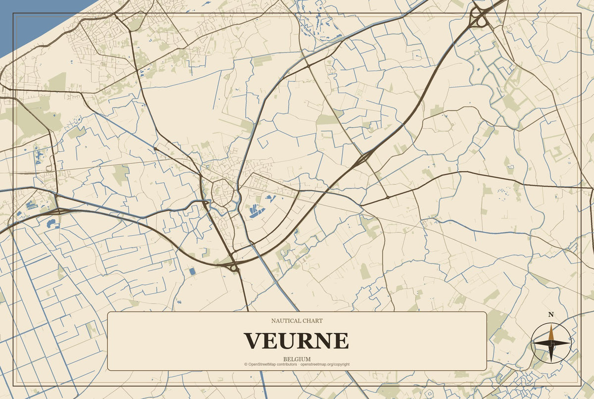 Veurne, Belgium City Map Aluminum Sign in Heritage Nautical style