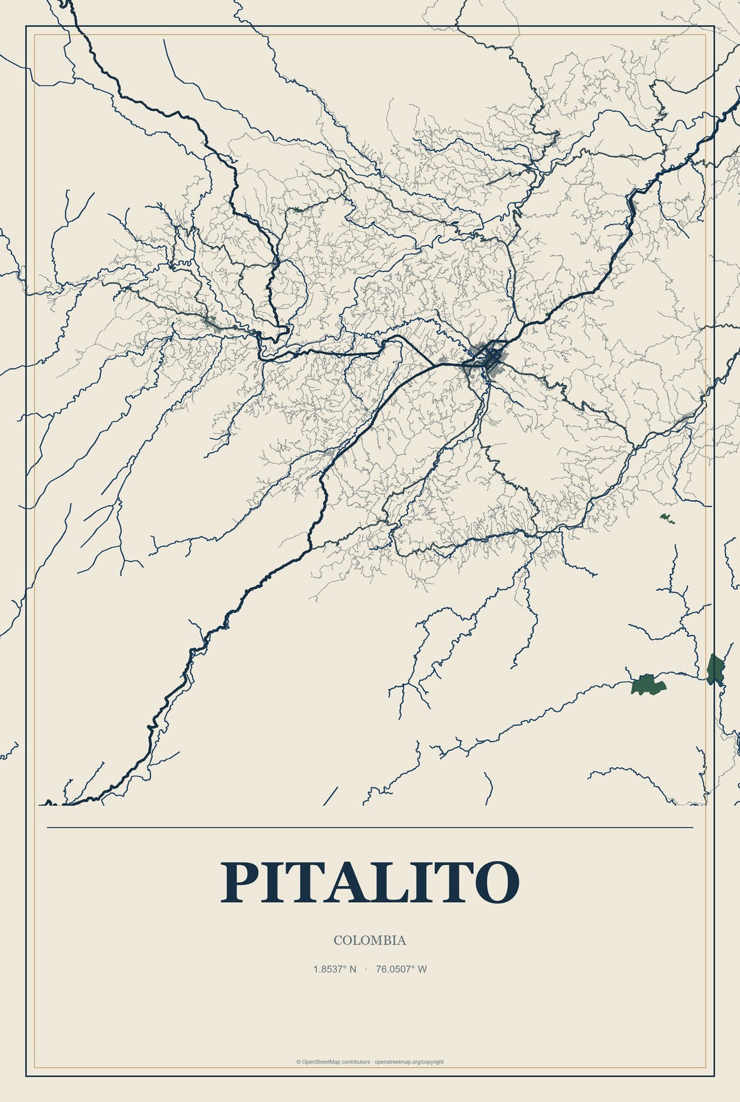 Pitalito, Colombia City Map Aluminum Sign in Coastal Cutout style