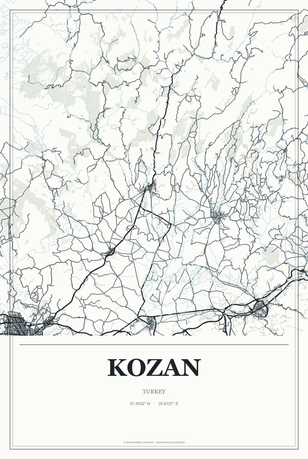 Kozan, Turkey City Map Aluminum Sign in Gallery Air style