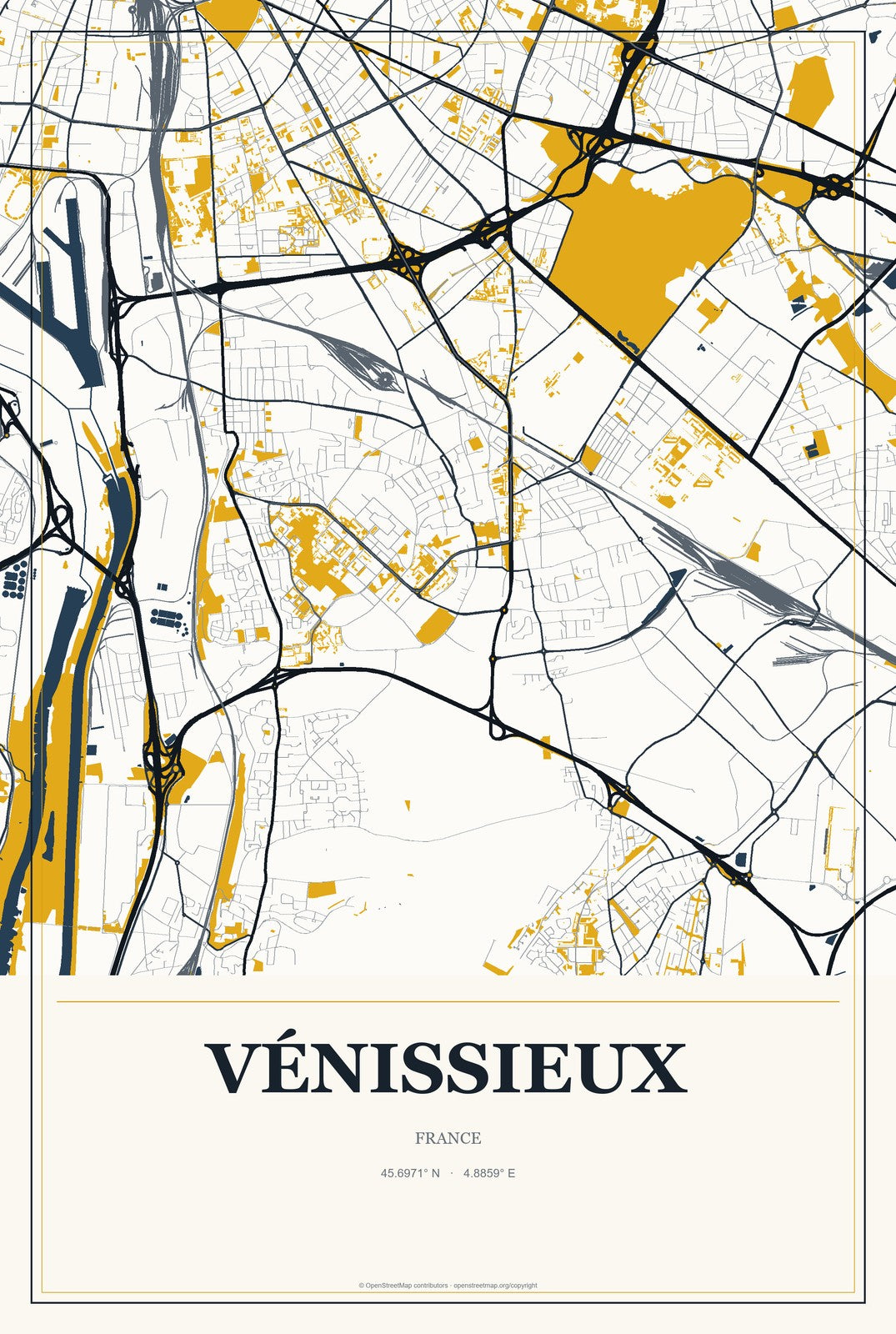 Vénissieux, France City Map Aluminum Sign in Citrine Modern style