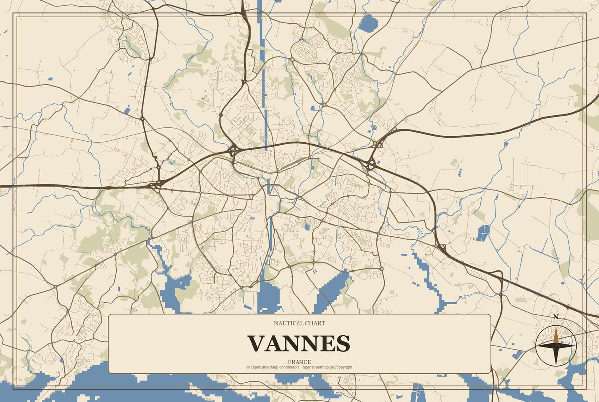 Vannes, France City Map Aluminum Sign in Heritage Nautical style