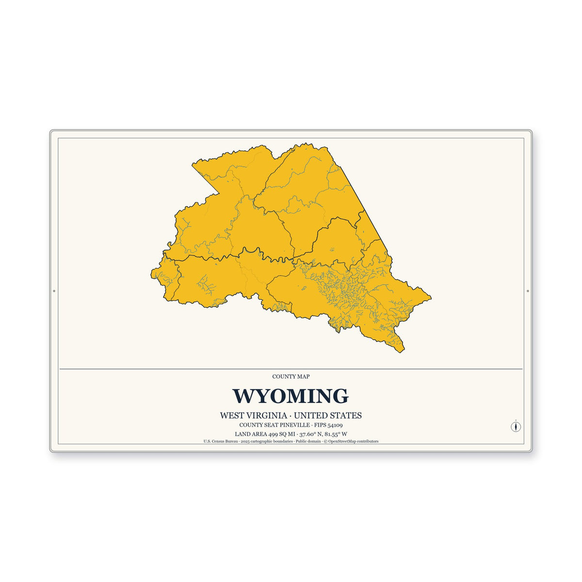 Wyoming County, West Virginia Map Aluminum Sign in Citrine Modern style
