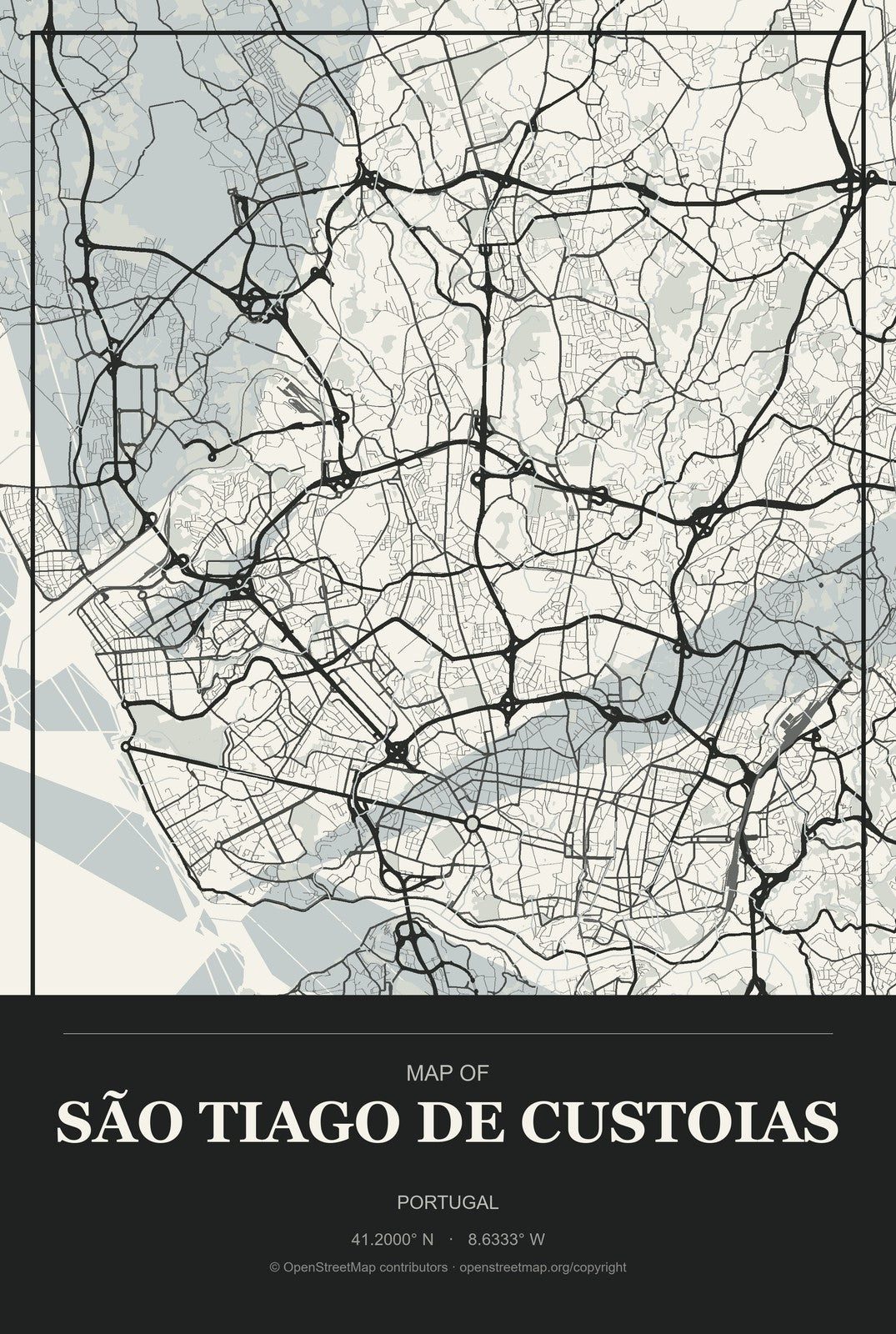 São Tiago de Custoias, Portugal City Map Aluminum Sign in Museum Plaque style