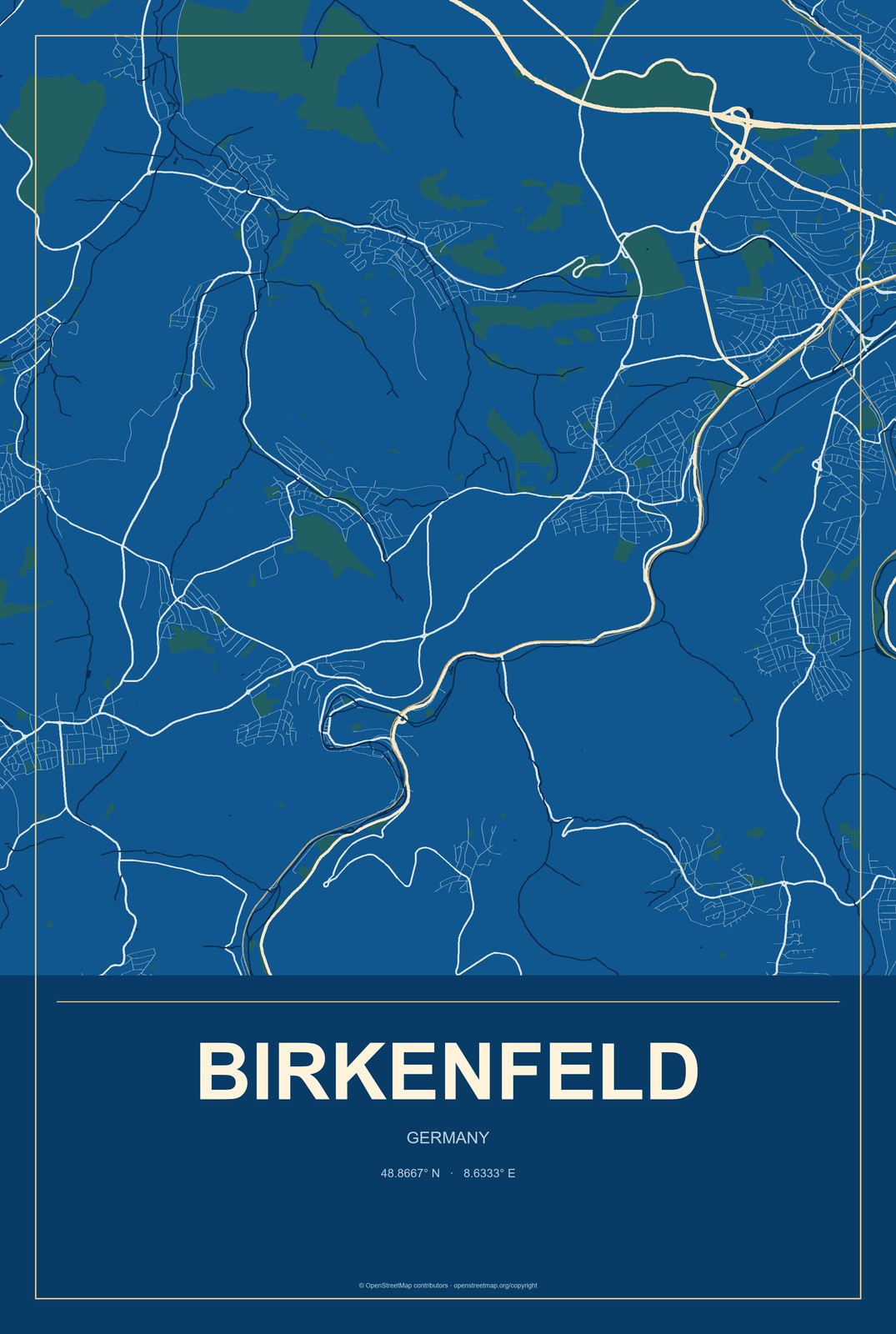 Birkenfeld, Germany City Map Aluminum Sign in Harbor Cobalt style