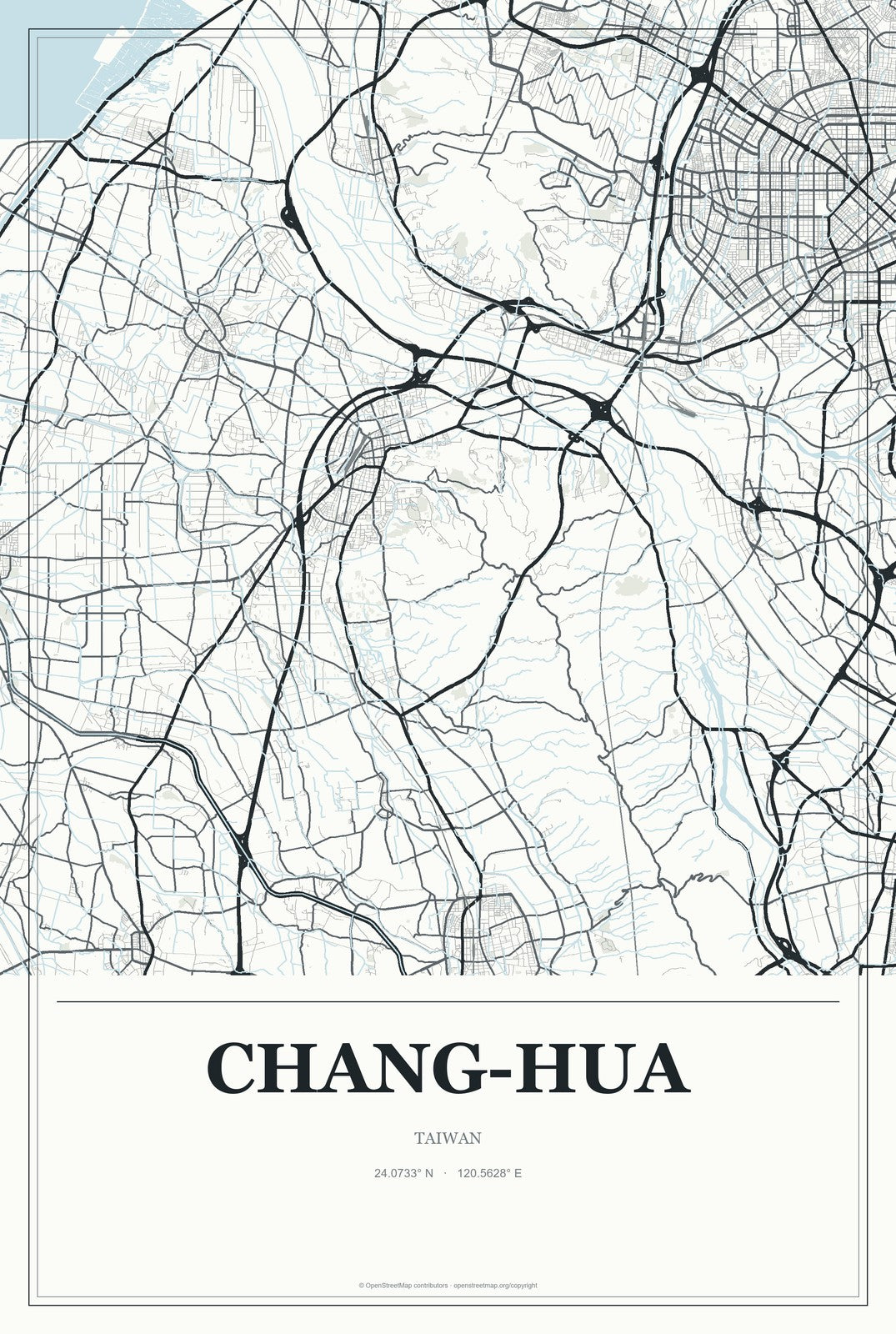 Chang-hua, Taiwan City Map Aluminum Sign in Gallery Air style
