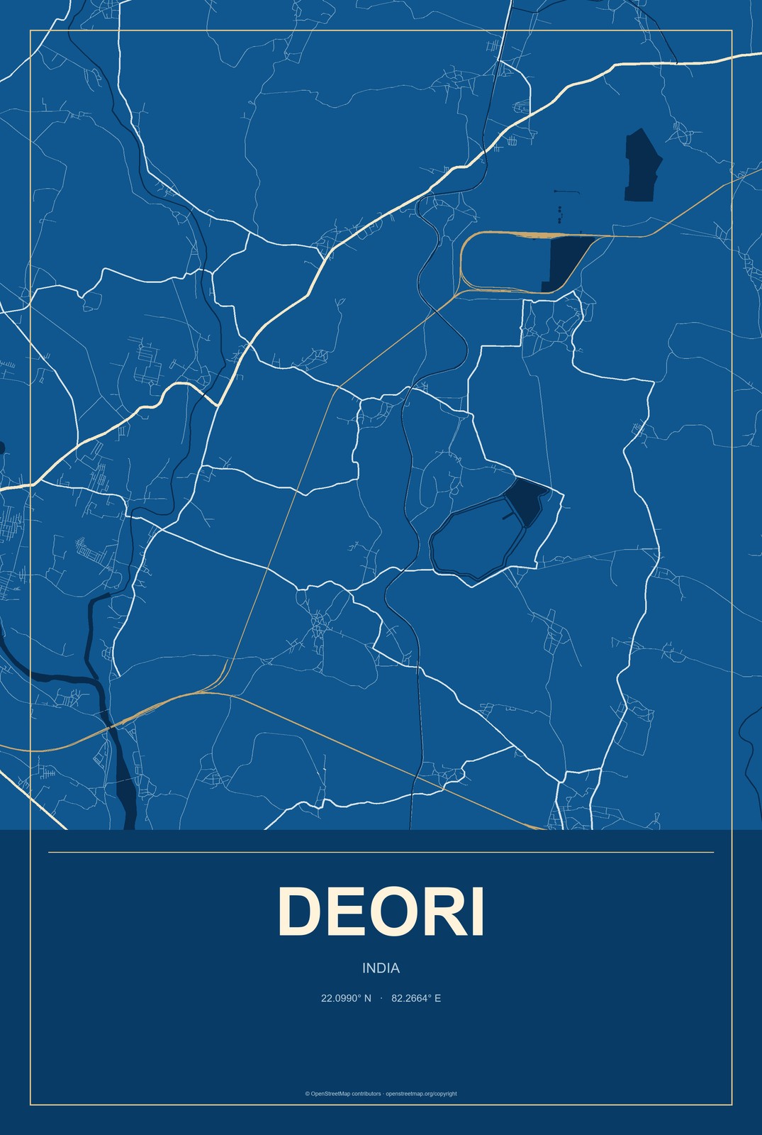Deori, India City Map Aluminum Sign in Harbor Cobalt style