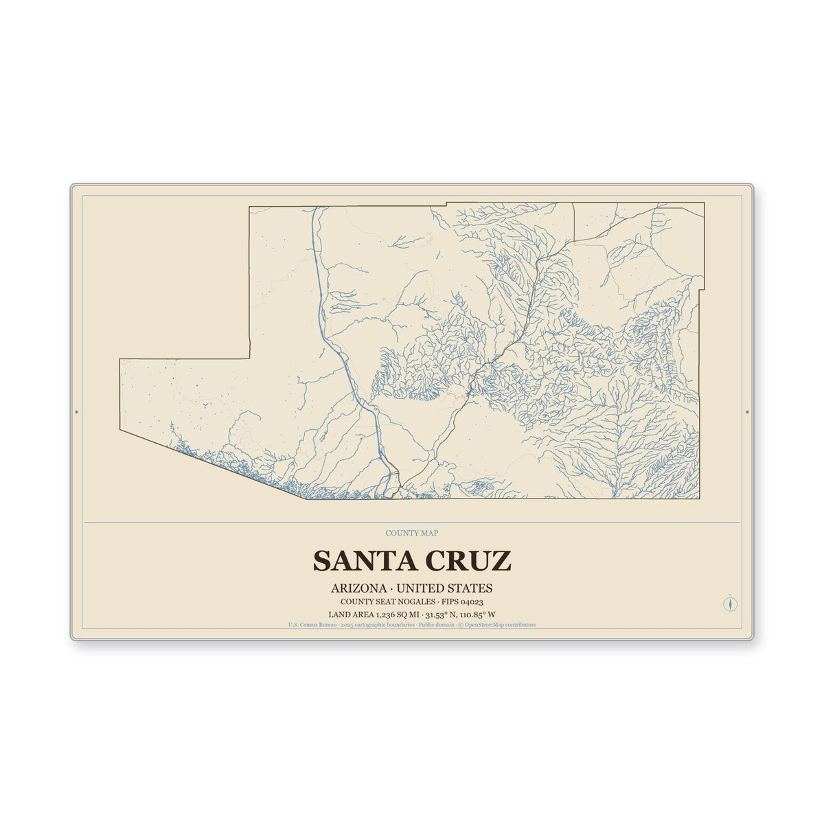 Santa Cruz County, Arizona Map Aluminum Sign in Heritage Nautical style