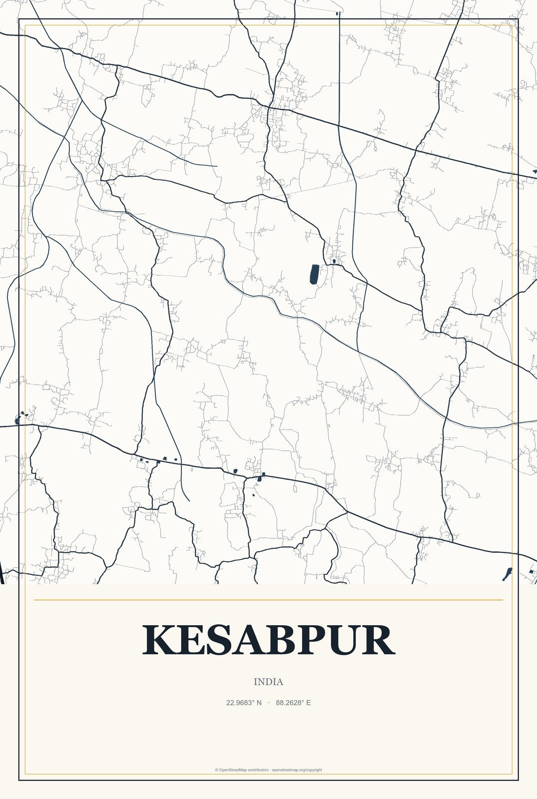 Kesabpur, India City Map Aluminum Sign in Citrine Modern style