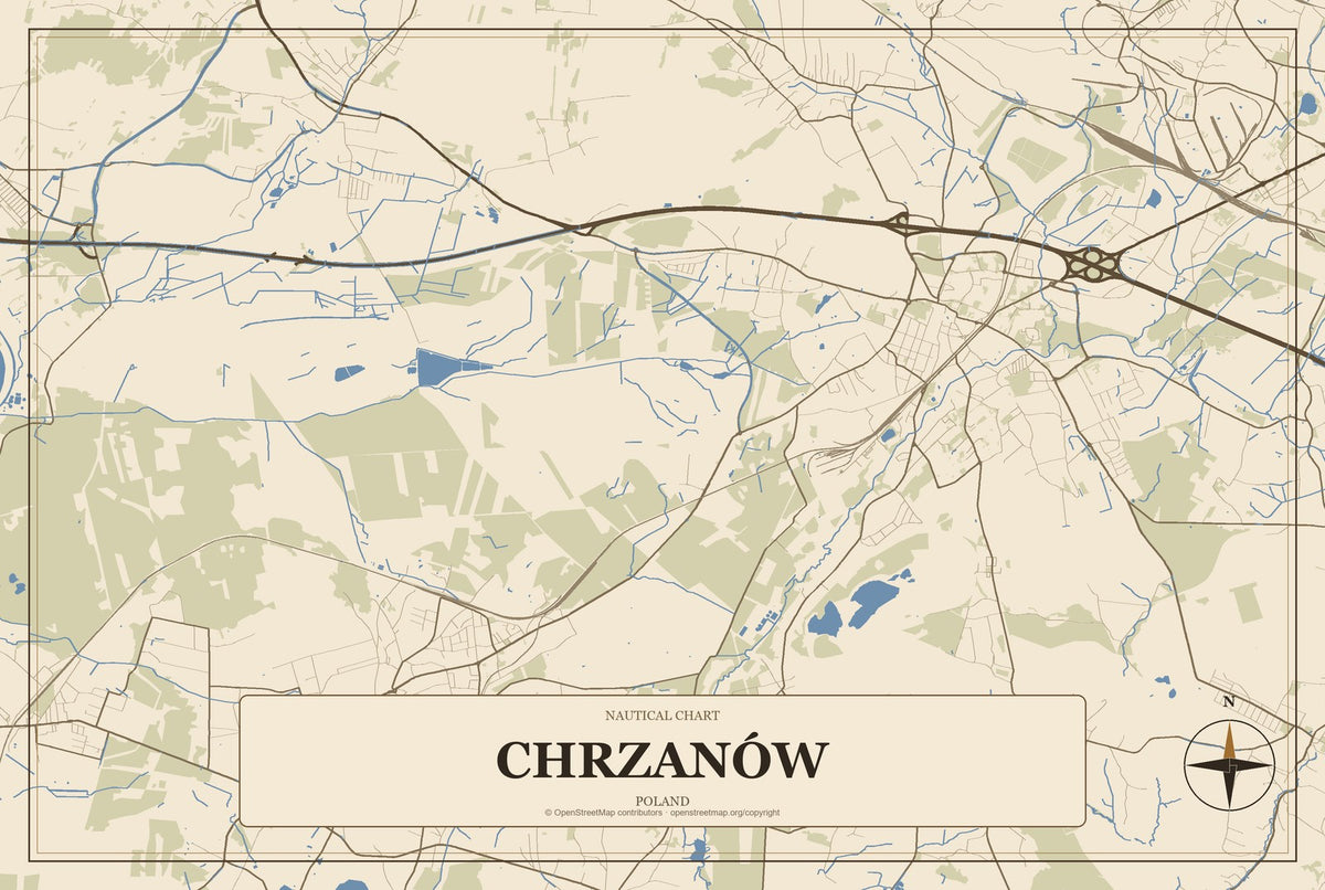 Chrzanów, Poland City Map Aluminum Sign in Heritage Nautical style