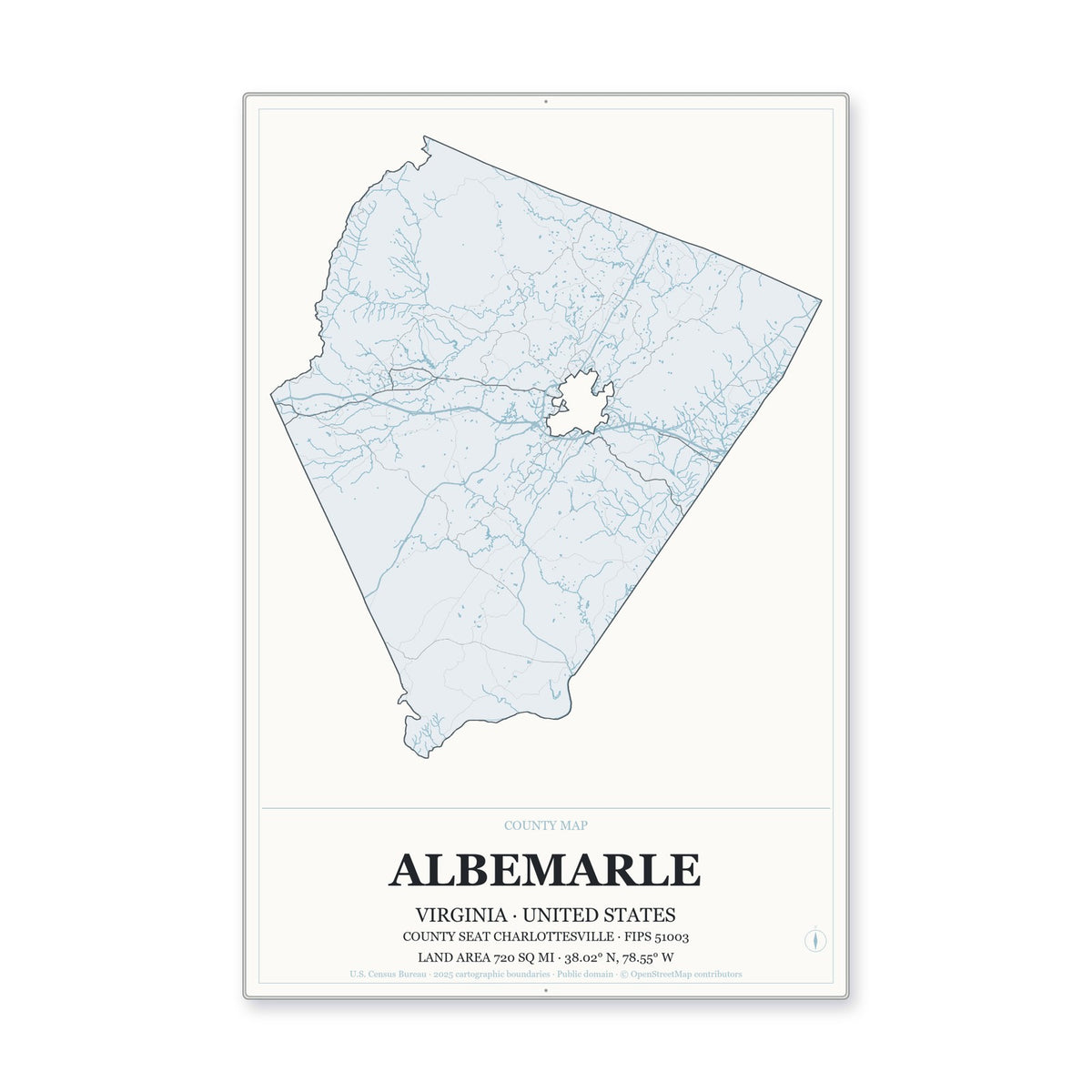Albemarle County, Virginia Map Aluminum Sign in Gallery Air style