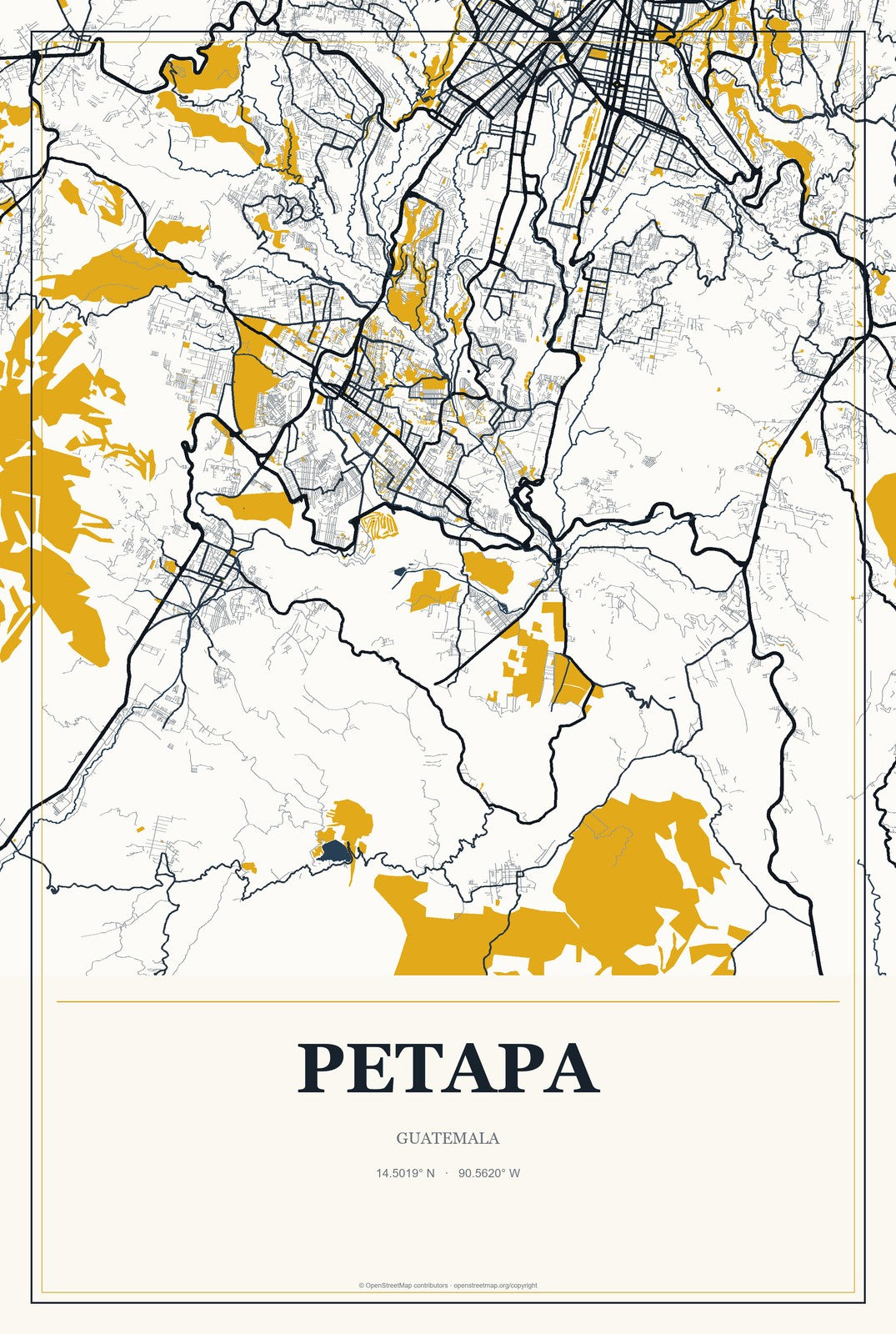 Petapa, Guatemala City Map Aluminum Sign in Citrine Modern style