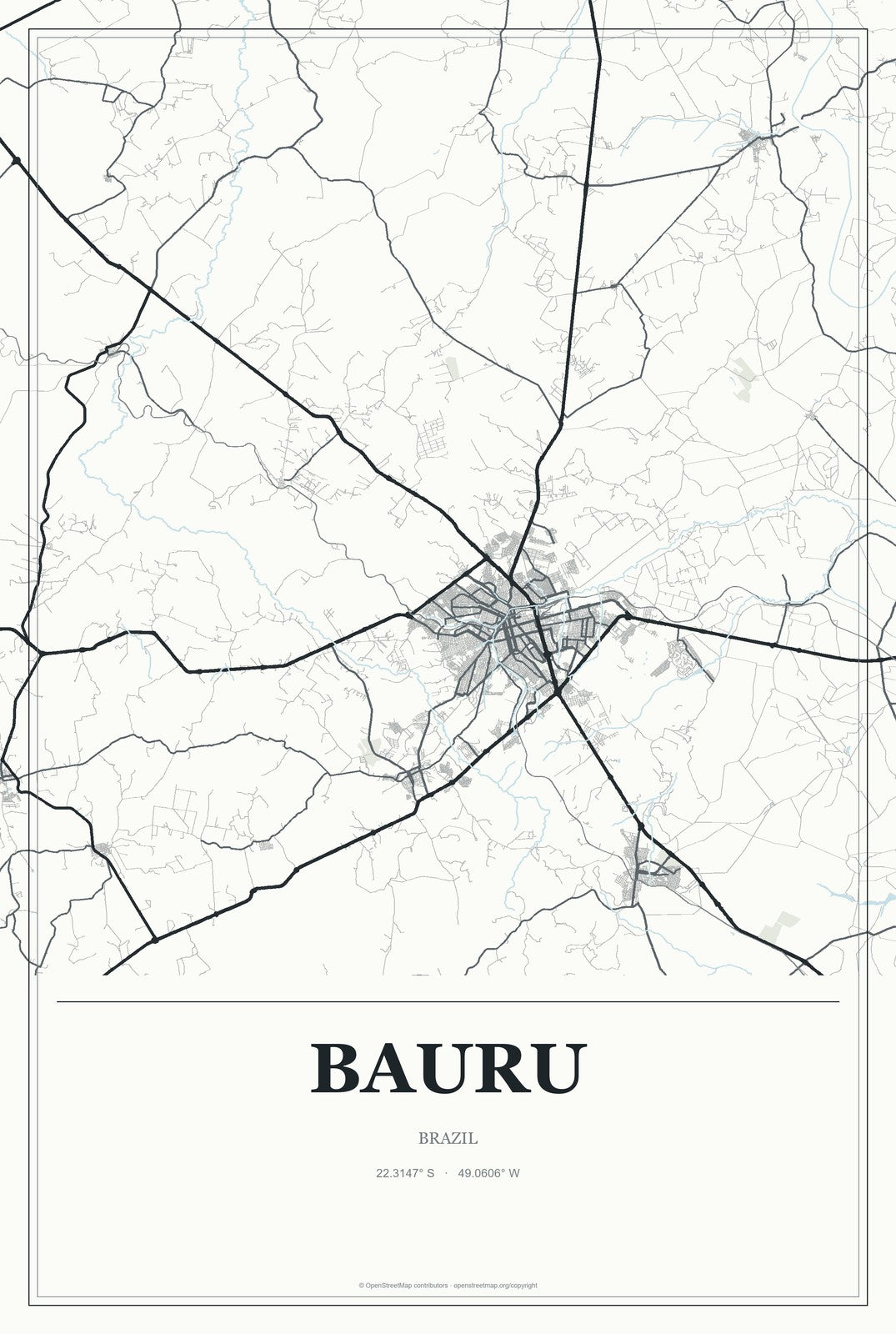 Bauru, Brazil City Map Aluminum Sign in Gallery Air style