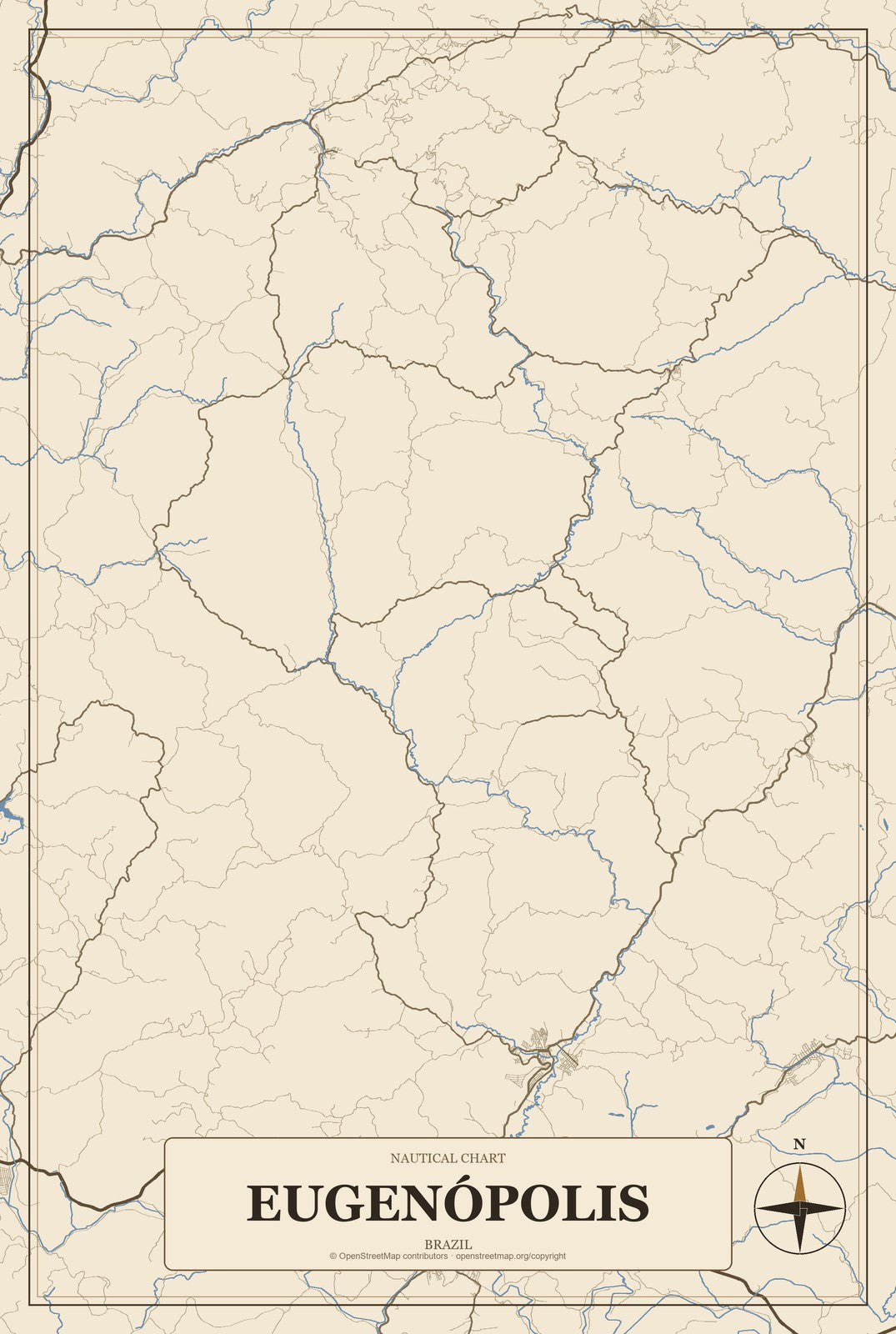 Eugenópolis, Brazil City Map Aluminum Sign in Heritage Nautical style