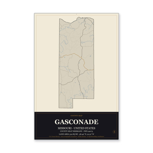 Gasconade County, Missouri Map Aluminum Sign in Museum Plaque style