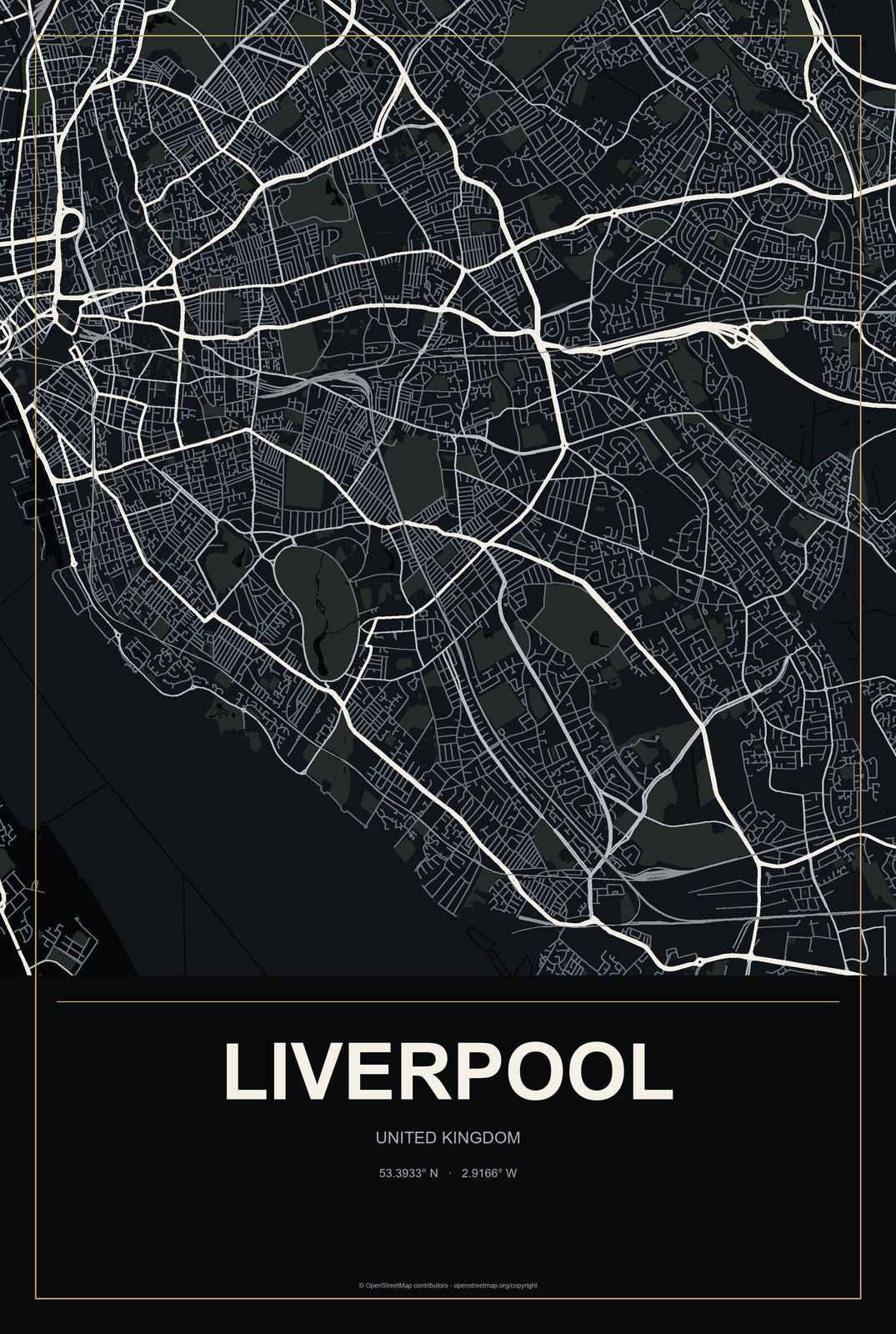 Liverpool, United Kingdom City Map Aluminum Sign in Metropolitan Noir style