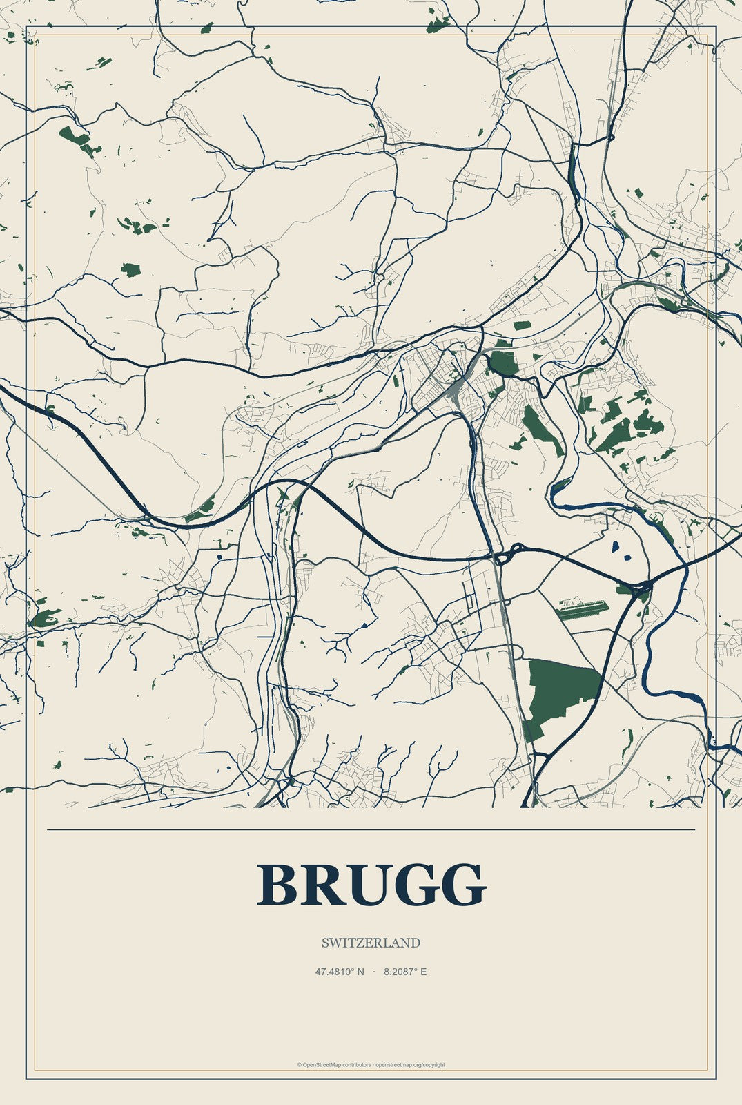 Brugg, Switzerland City Map Aluminum Sign in Coastal Cutout style