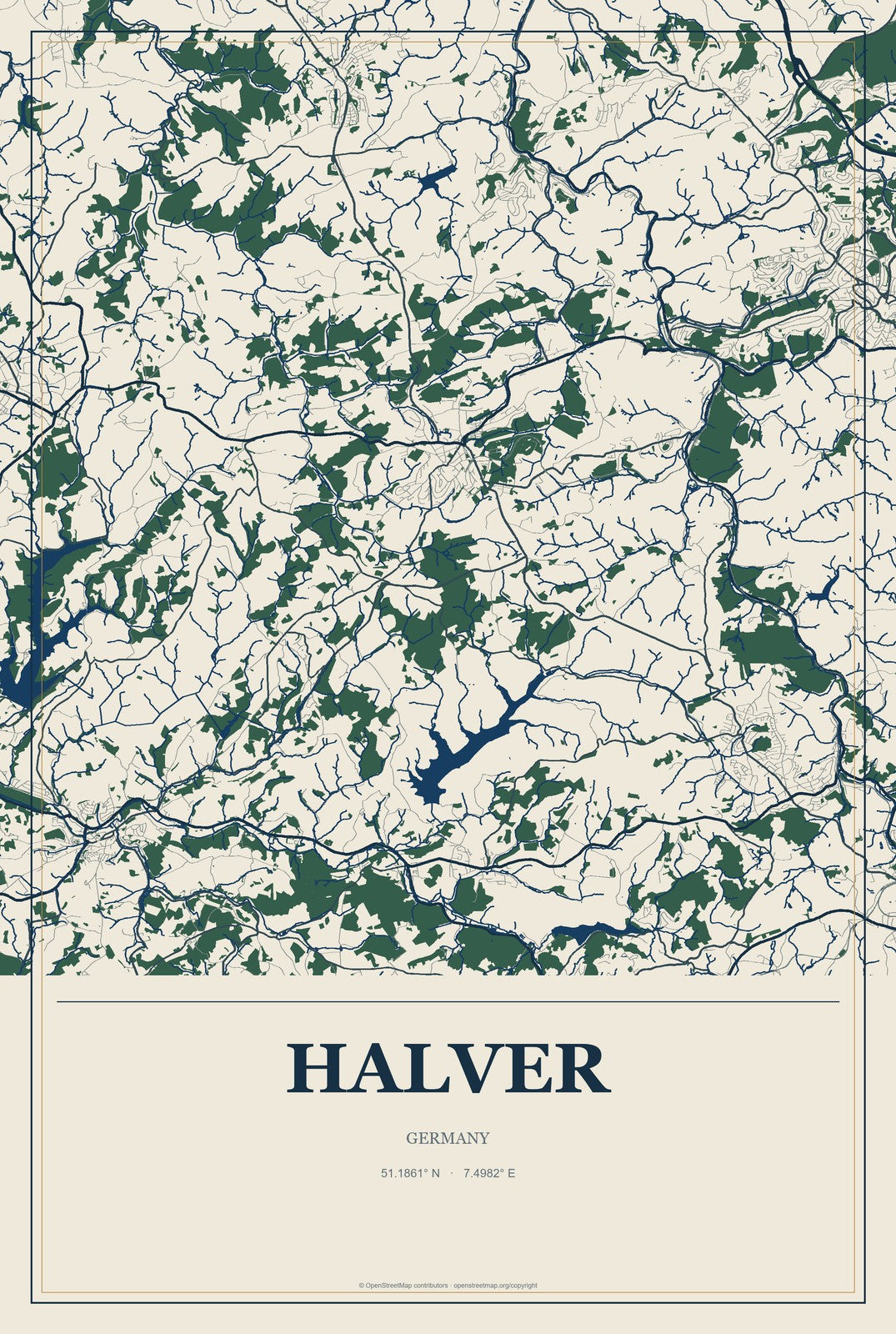 Halver, Germany City Map Aluminum Sign in Coastal Cutout style