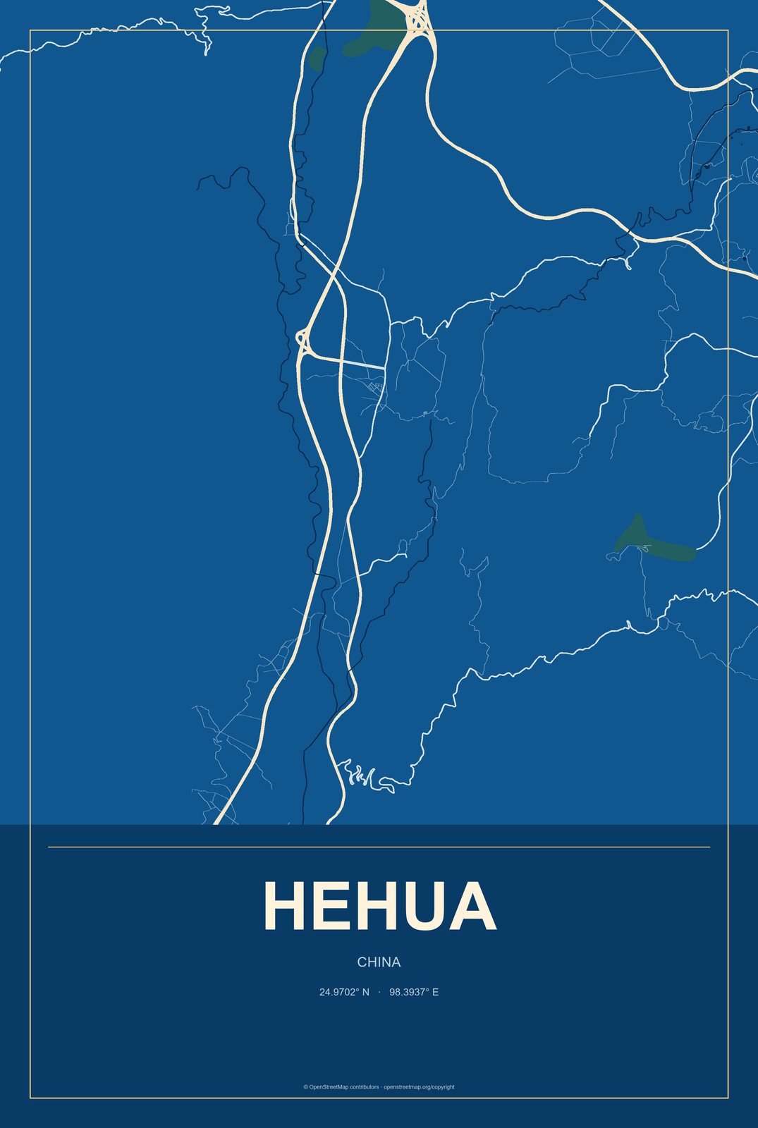 Hehua, China City Map Aluminum Sign in Harbor Cobalt style