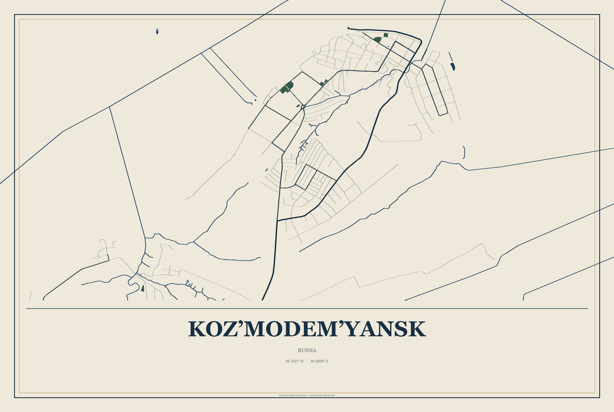 Koz’modem’yansk, Russia City Map Aluminum Sign in Coastal Cutout style