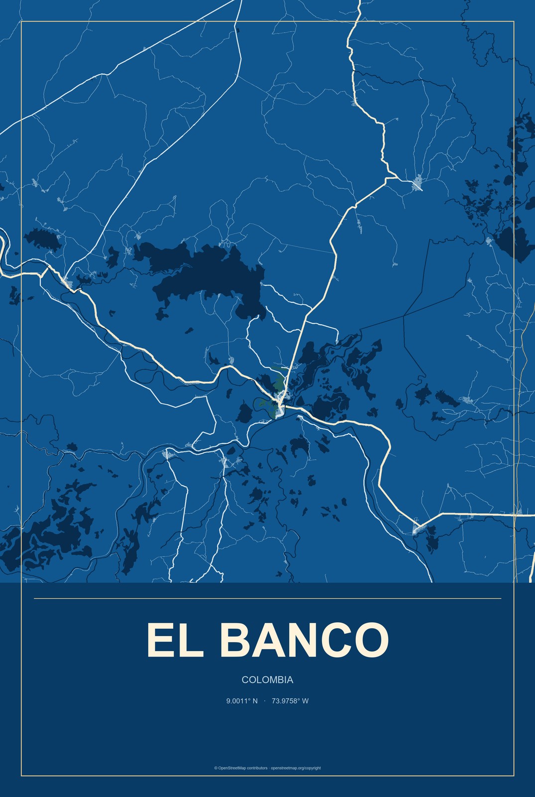 El Banco, Colombia City Map Aluminum Sign in Harbor Cobalt style