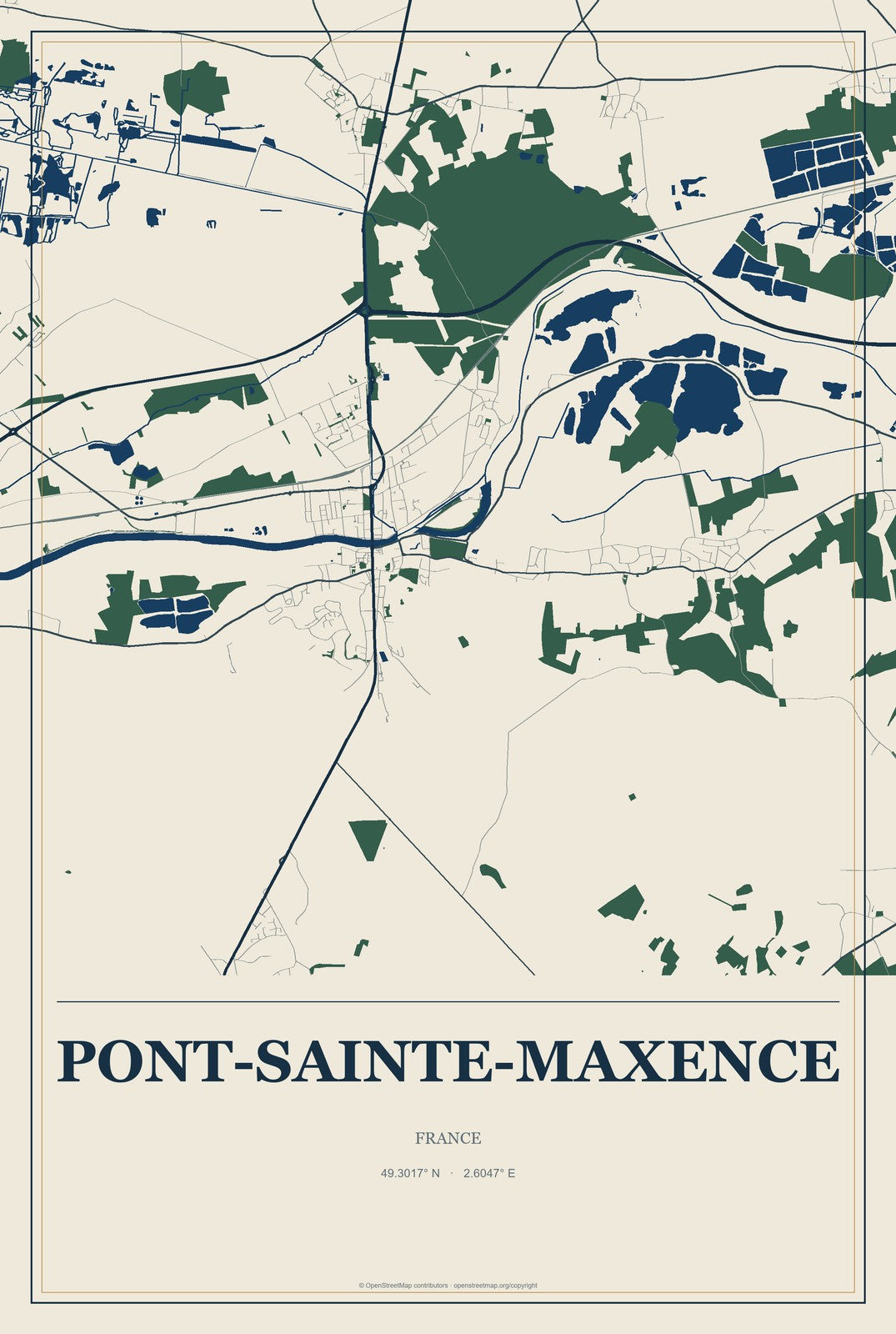 Pont-Sainte-Maxence, France City Map Aluminum Sign in Coastal Cutout style