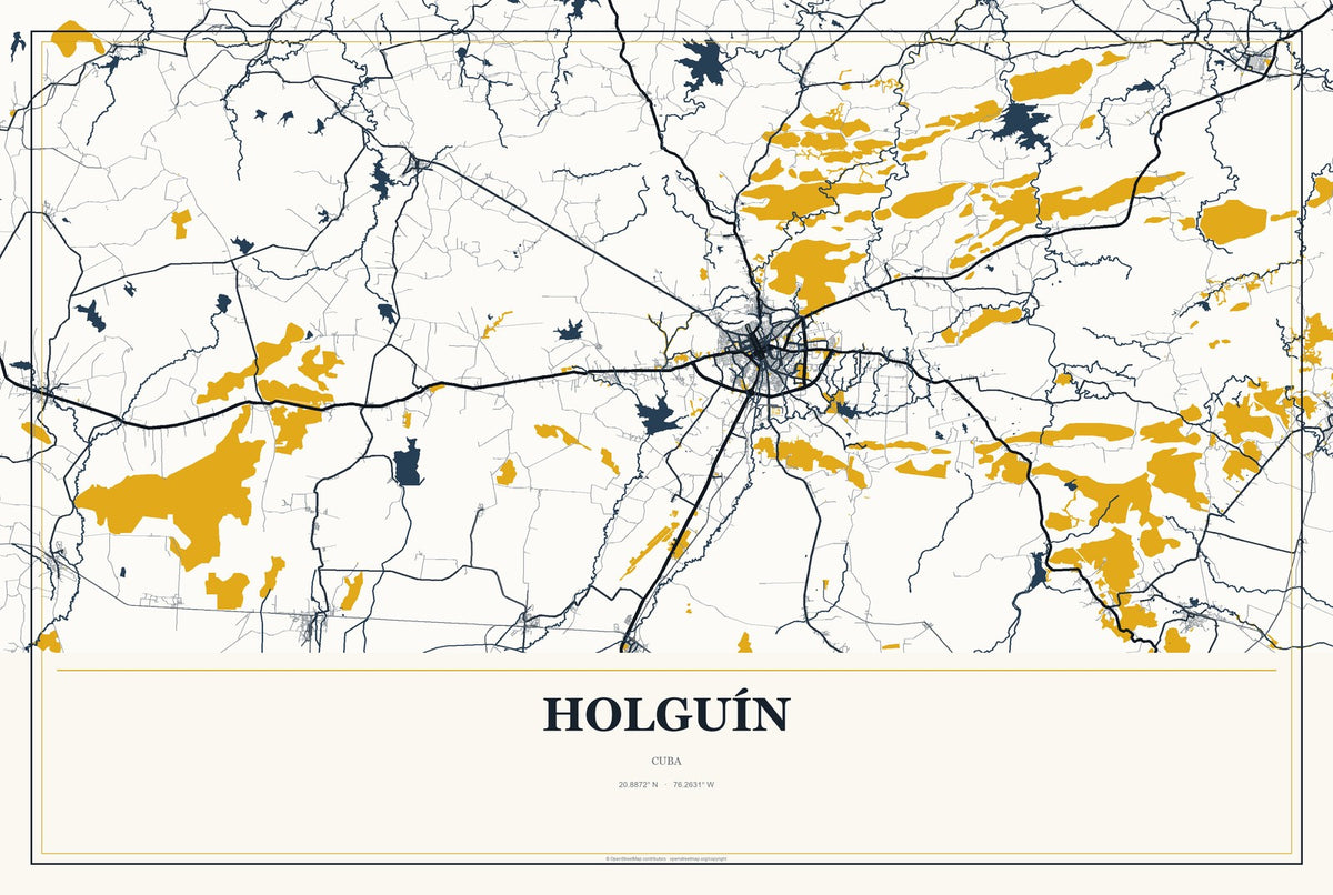 Holguín, Cuba City Map Aluminum Sign in Citrine Modern style