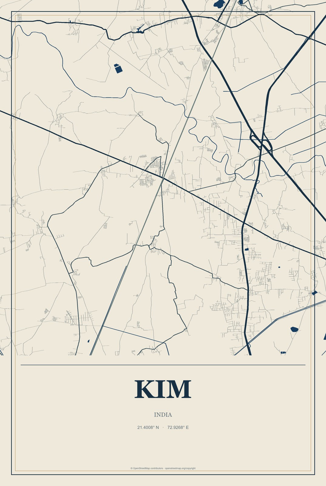 Kim, India City Map Aluminum Sign in Coastal Cutout style