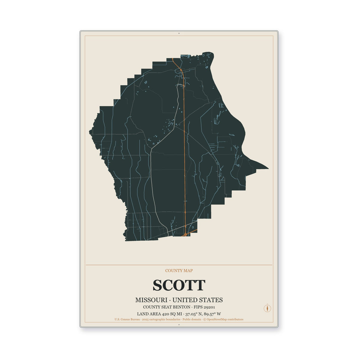 Scott County, Missouri Map Aluminum Sign in Headline Atlas style