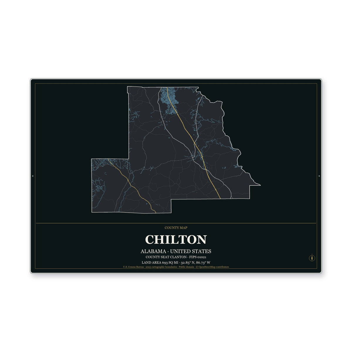 Chilton County, Alabama Map Aluminum Sign in Metropolitan Noir style