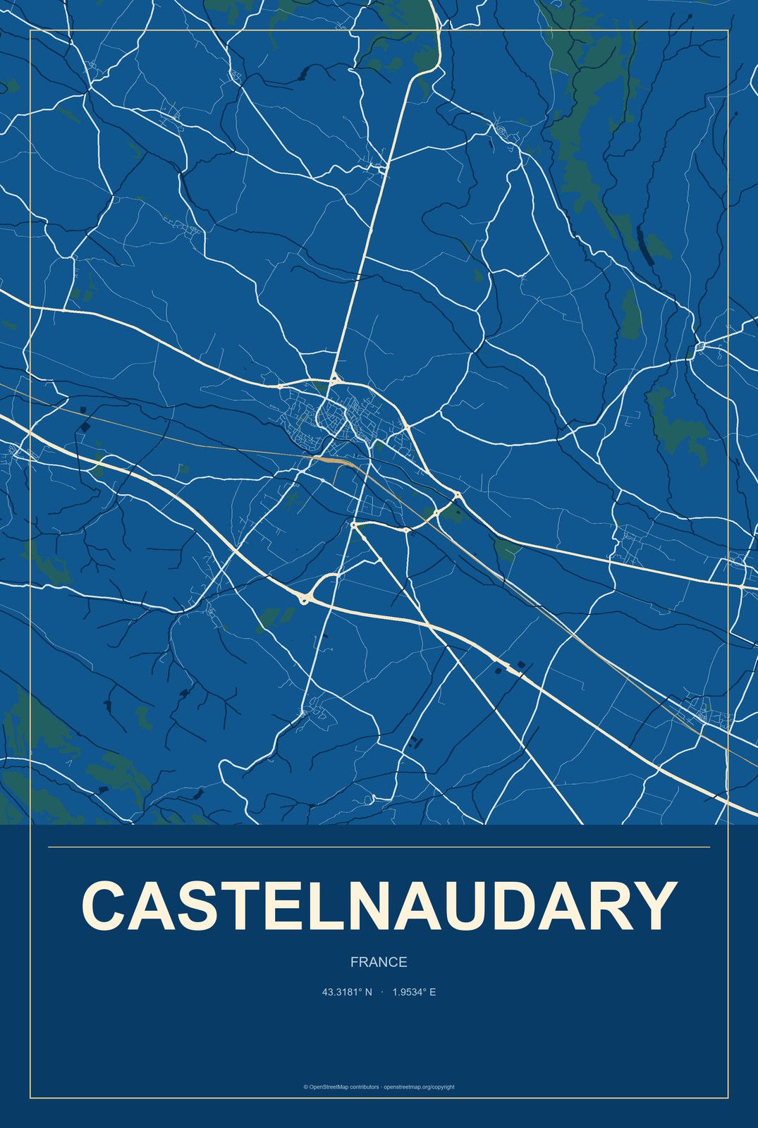 Castelnaudary, France City Map Aluminum Sign in Harbor Cobalt style