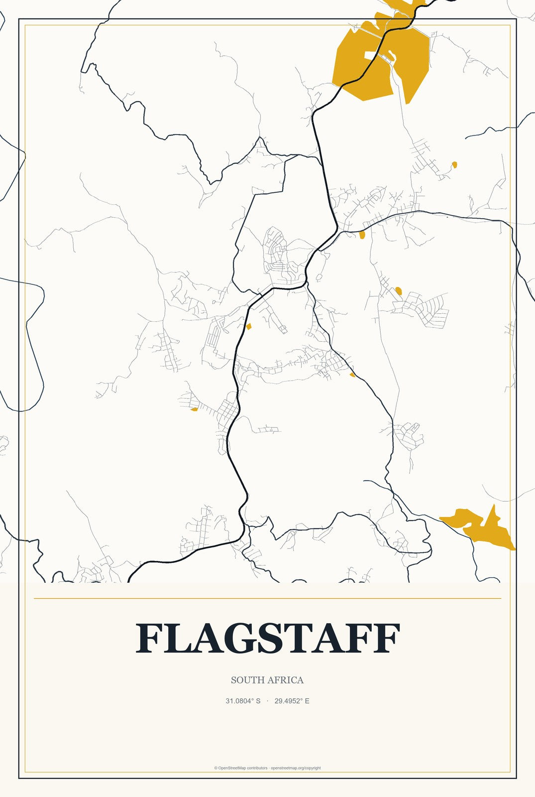 Flagstaff, South Africa City Map Aluminum Sign in Citrine Modern style