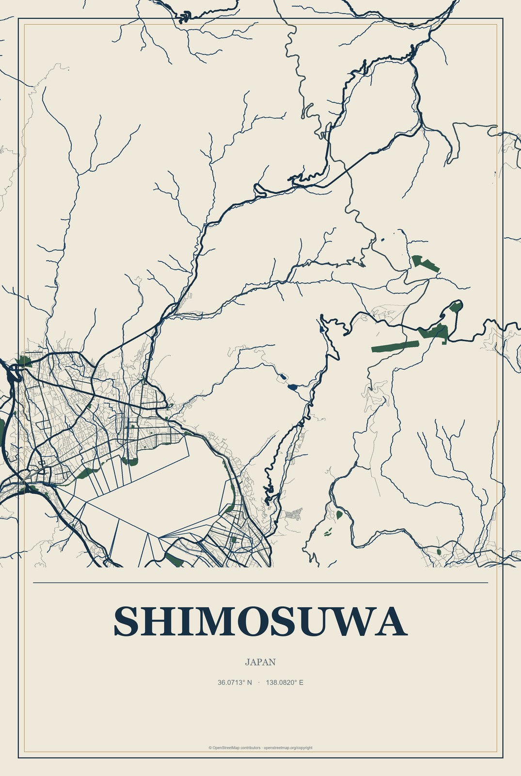 Shimosuwa, Japan City Map Aluminum Sign in Coastal Cutout style