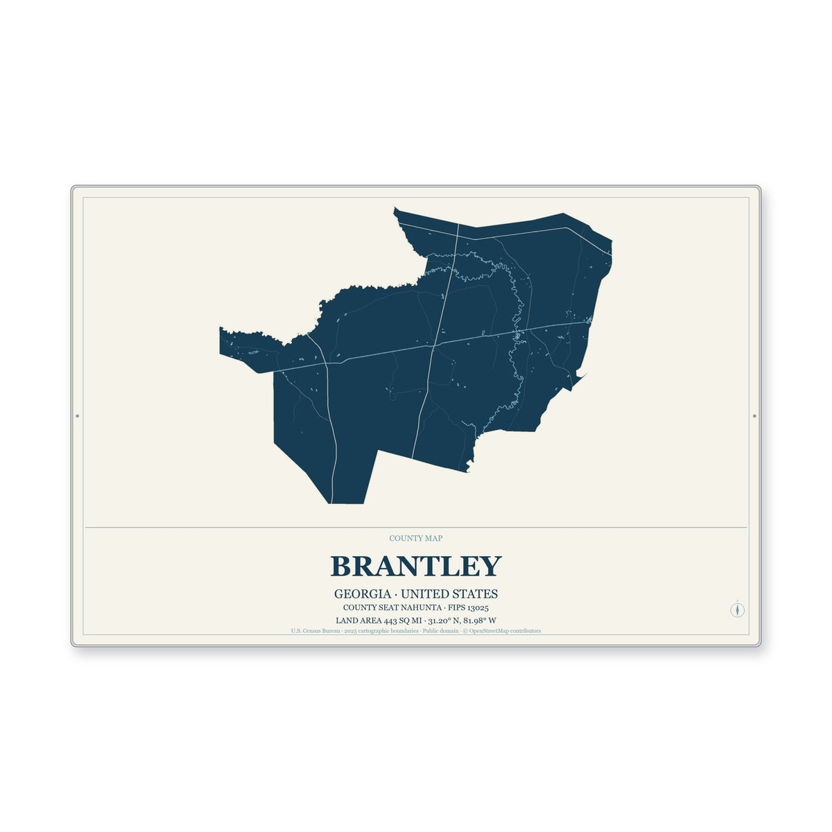 Brantley County, Georgia Map Aluminum Sign in Coastal Cutout style