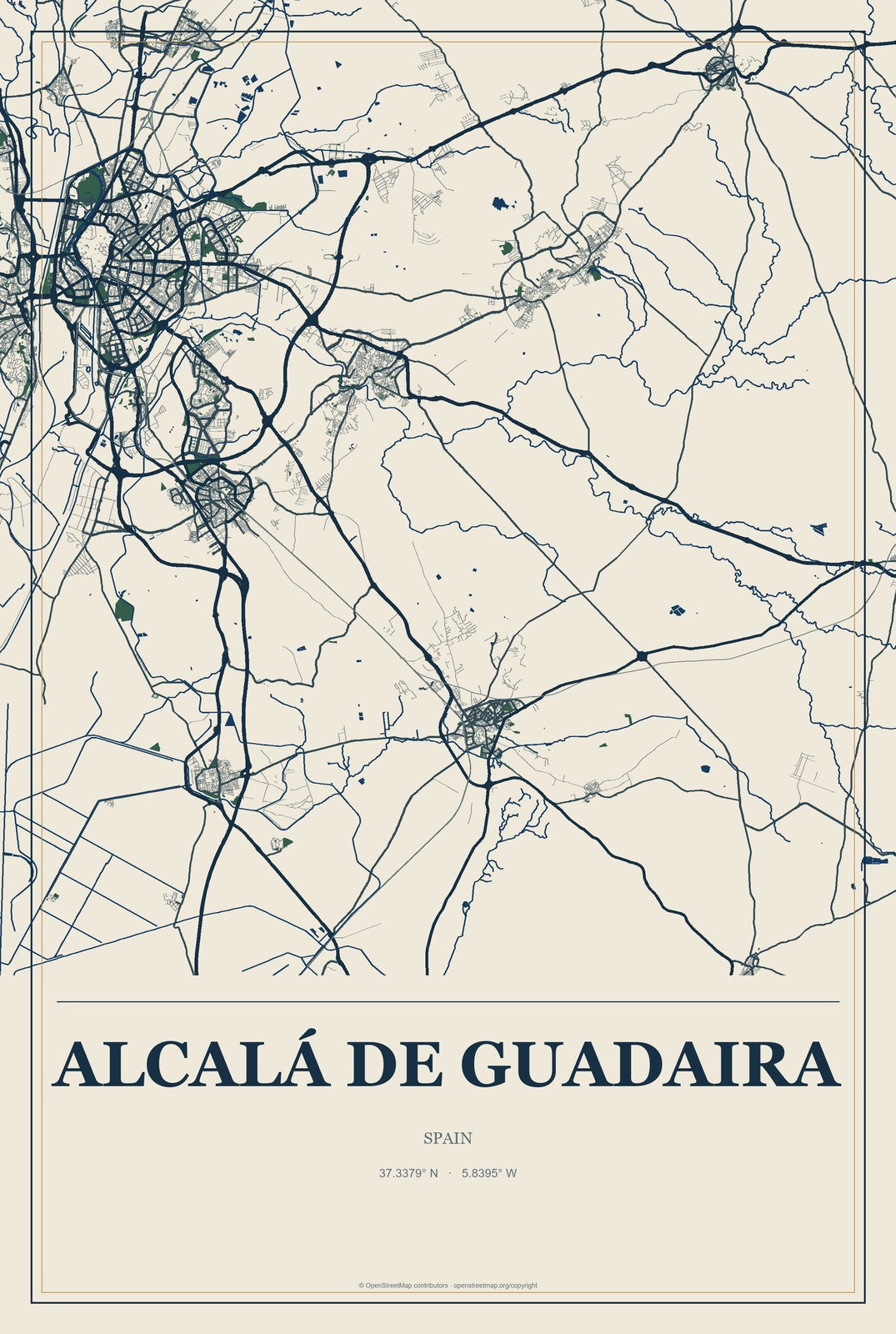 Alcalá de Guadaira, Spain City Map Aluminum Sign in Coastal Cutout style