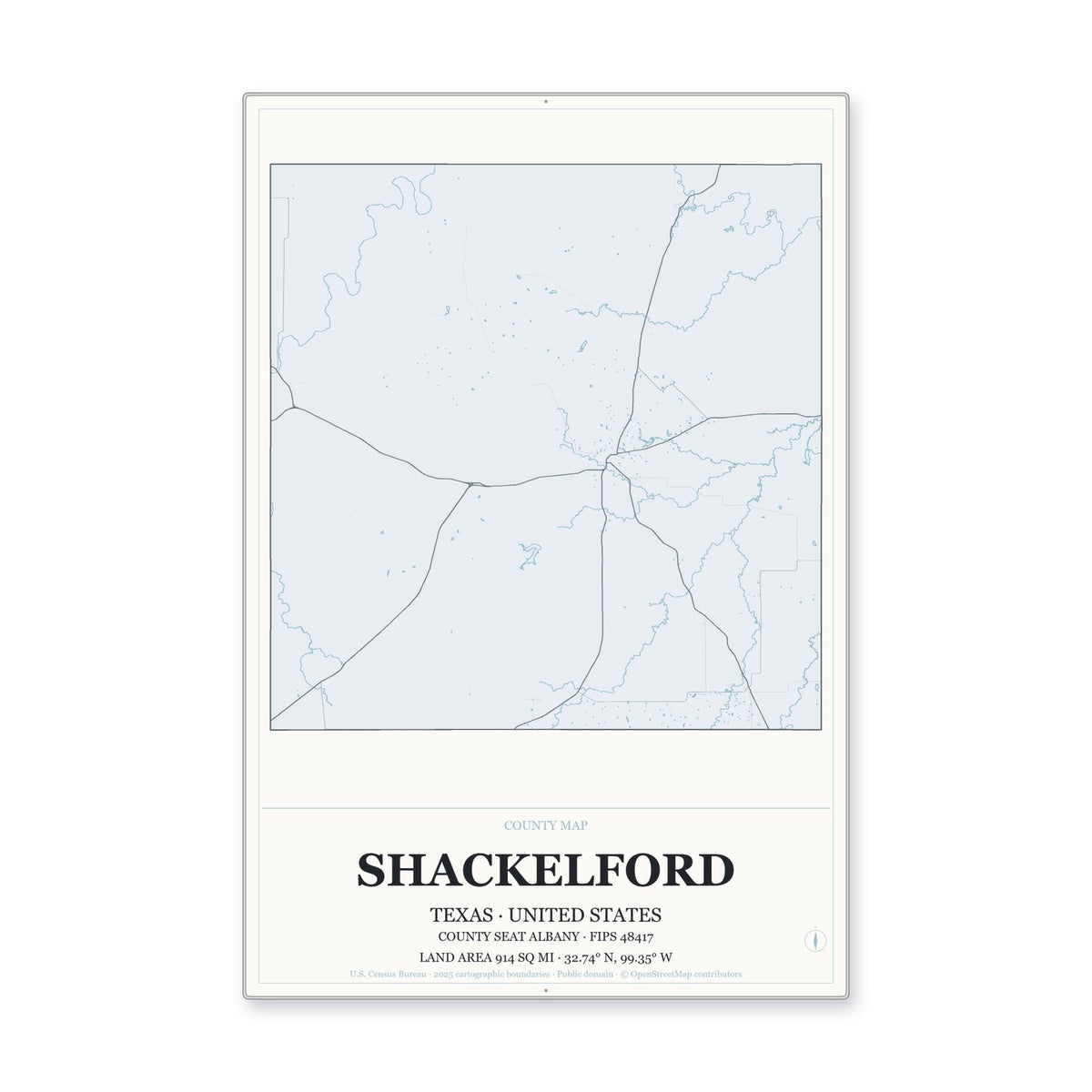 Shackelford County, Texas Map Aluminum Sign in Gallery Air style