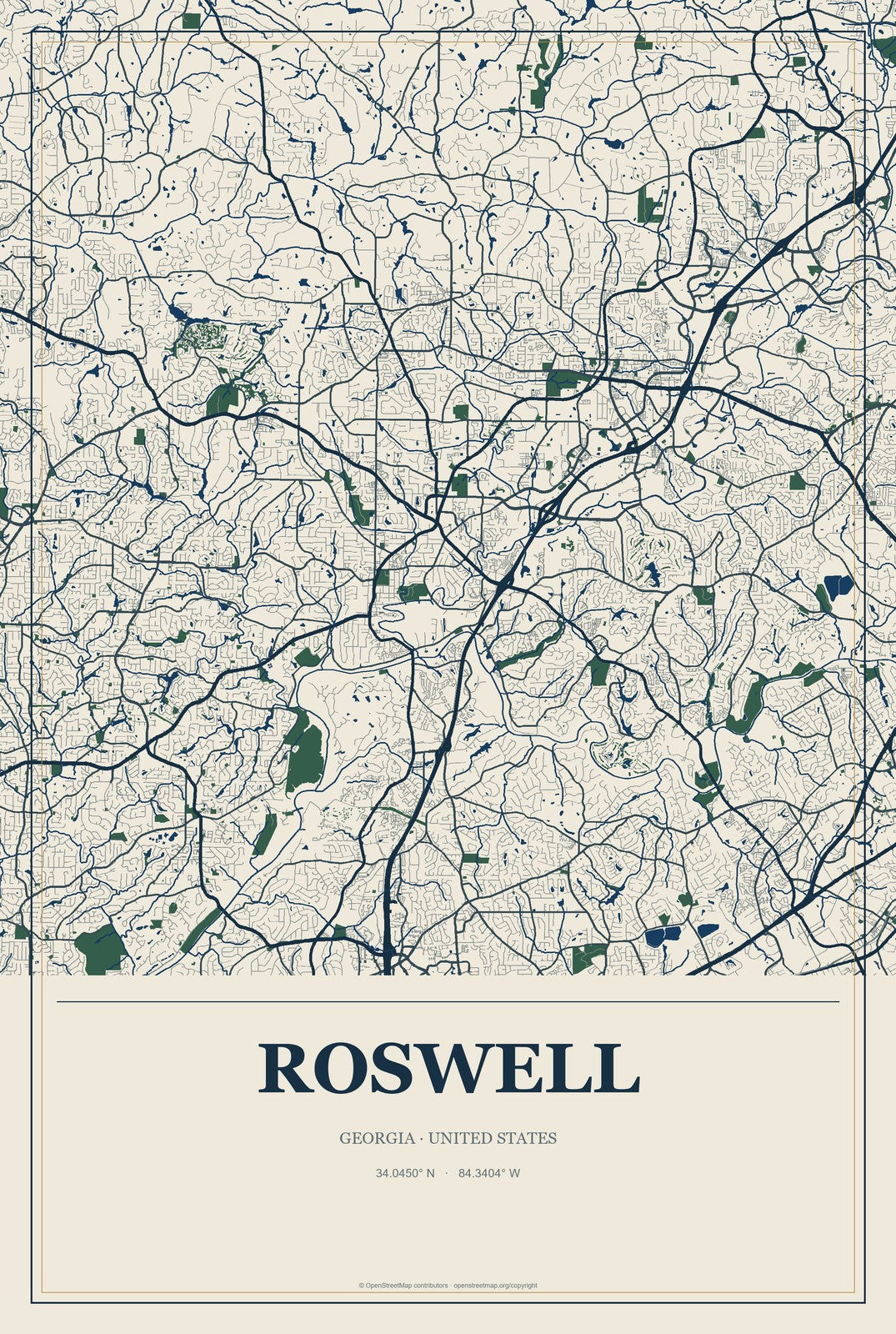 Roswell, Georgia City Map Aluminum Sign in Coastal Cutout style