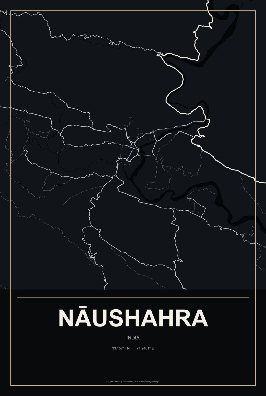 Nāushahra, India City Map Aluminum Sign in Metropolitan Noir style